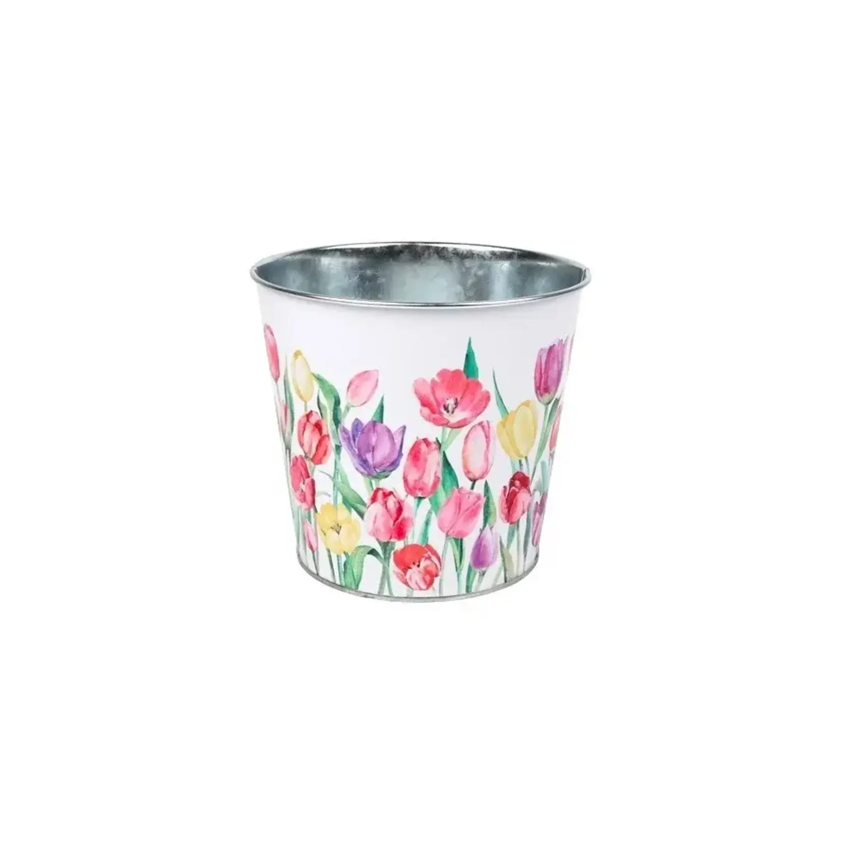 Metal, Spring Pot, (6.5"D) Tulip Garden Printed Metal w/ Hard Liner