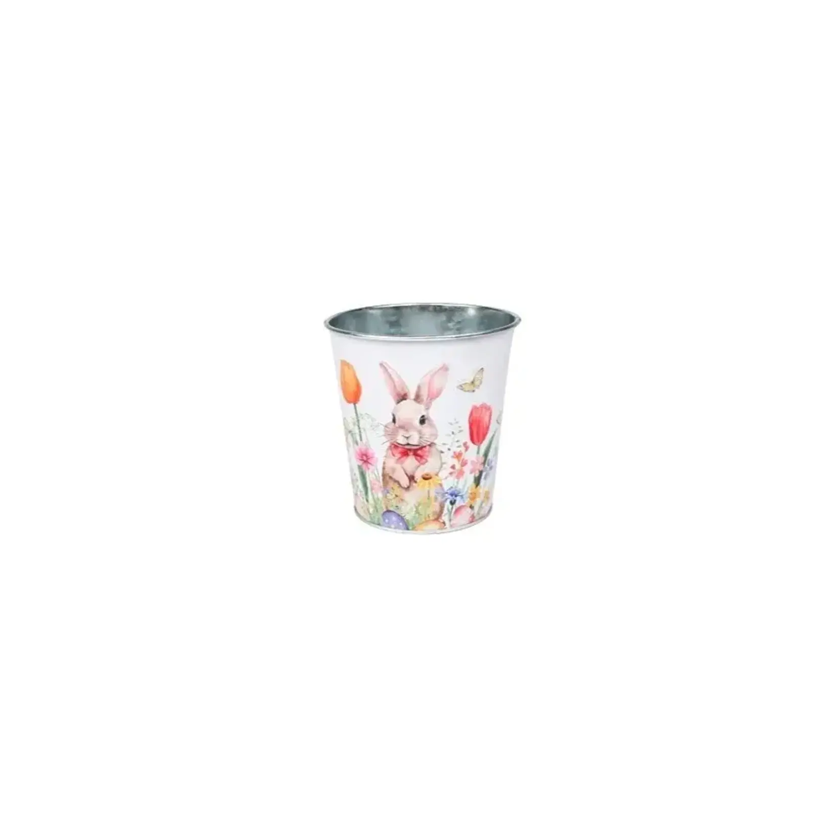 Metal, Easter Pot, (6.5"D) Garden Bunny Printed Metal w/ Hard Liner