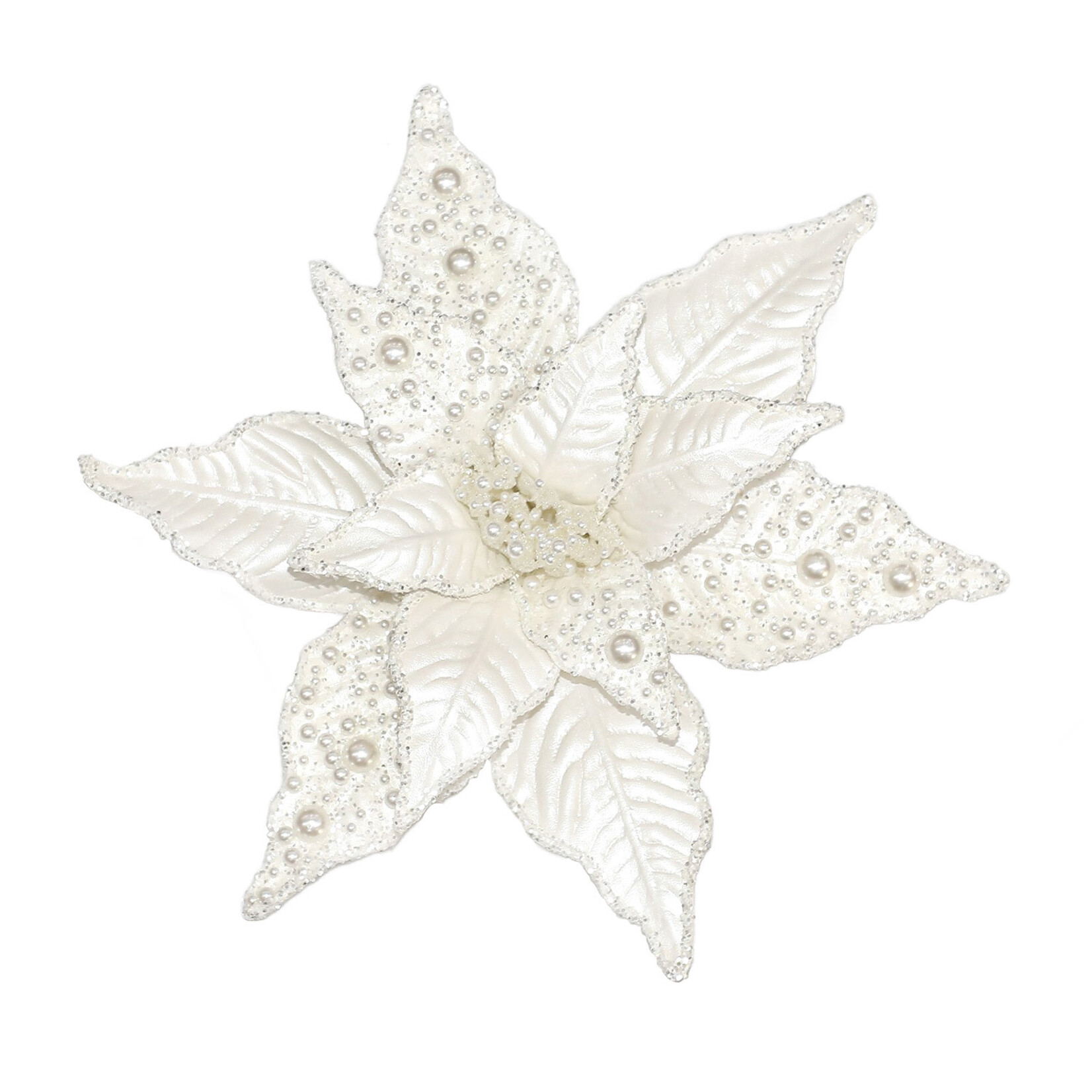 POINSETTIA HEAD 9.5" METALLIC WHITE FABRIC WITH CLIP