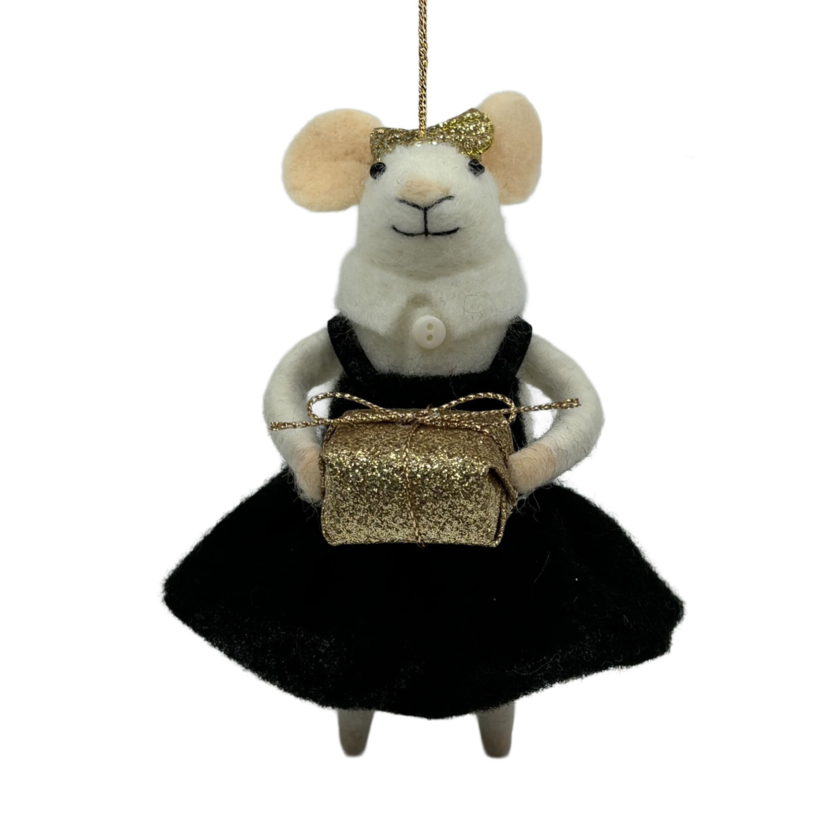 ORN WOOL MOUSE 4"X5" BLACK DRESS HOLDING A GOLD GIFT BOX