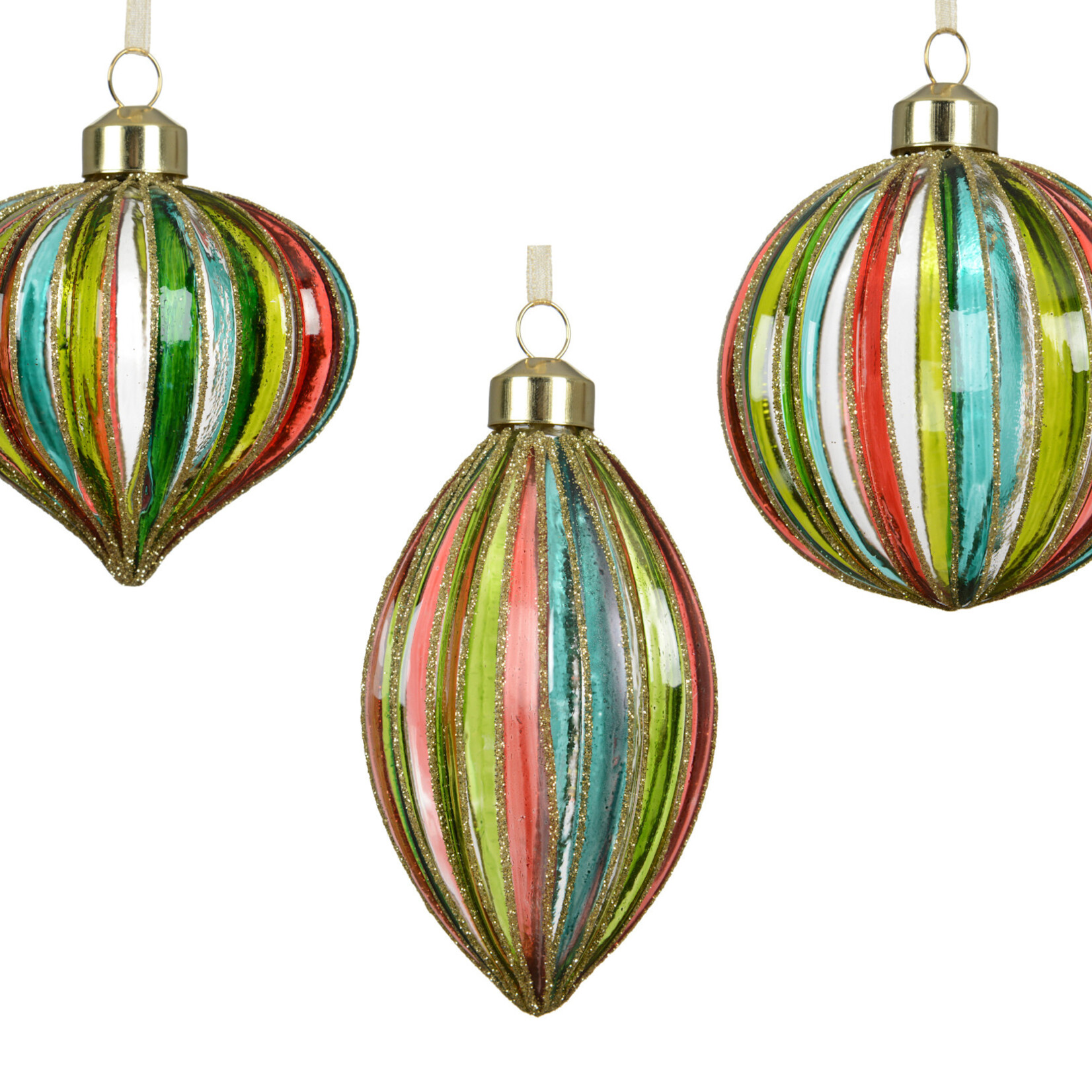 Ornament / glass with gold glitter lines 3ass