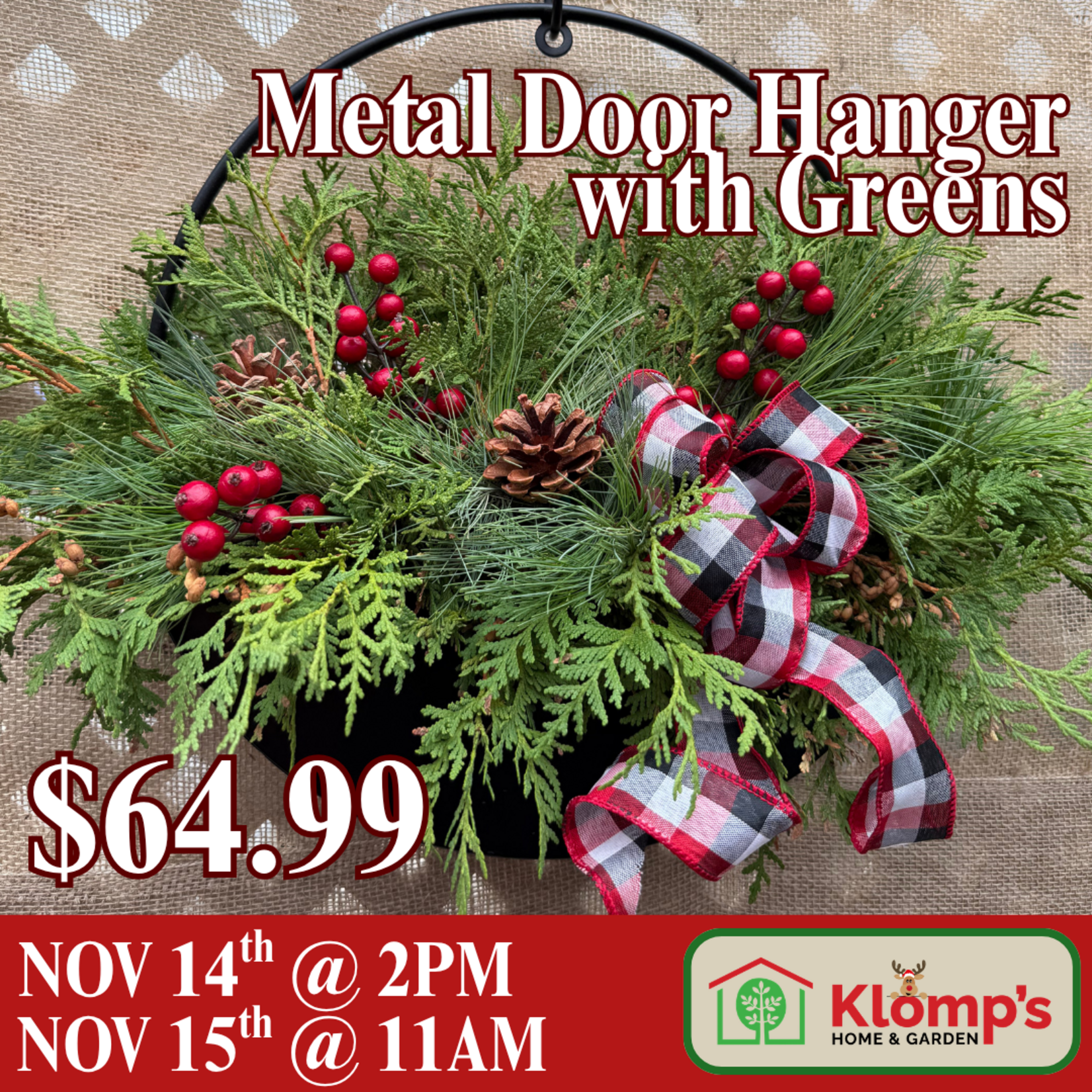 November 15th, 2026 | 11 am| Sunday | Metal Door Hanger with Greens