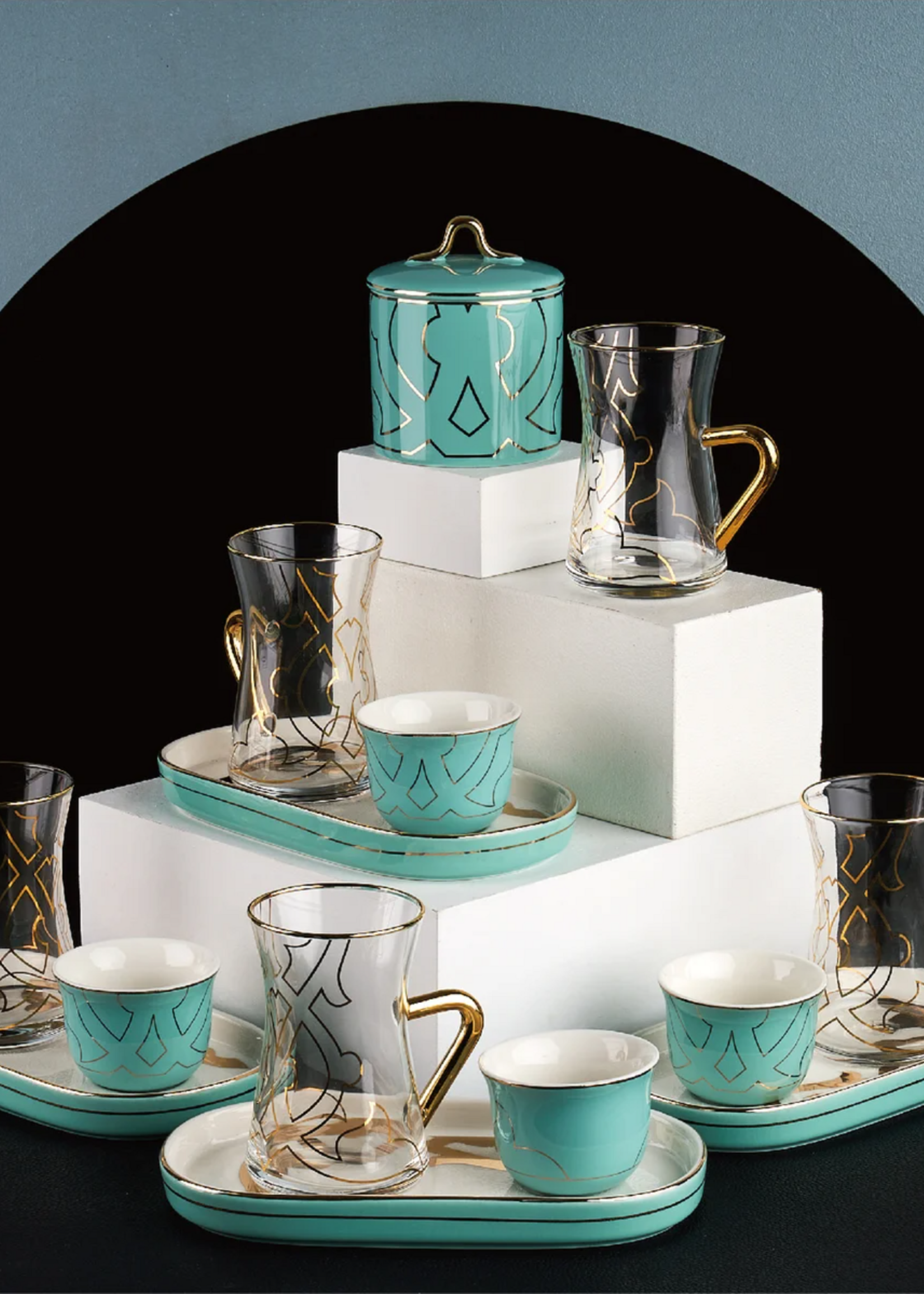 SALE: Rumi, 19pc Glass Tea Set with Jam Cup and Sugar Jar, Teal