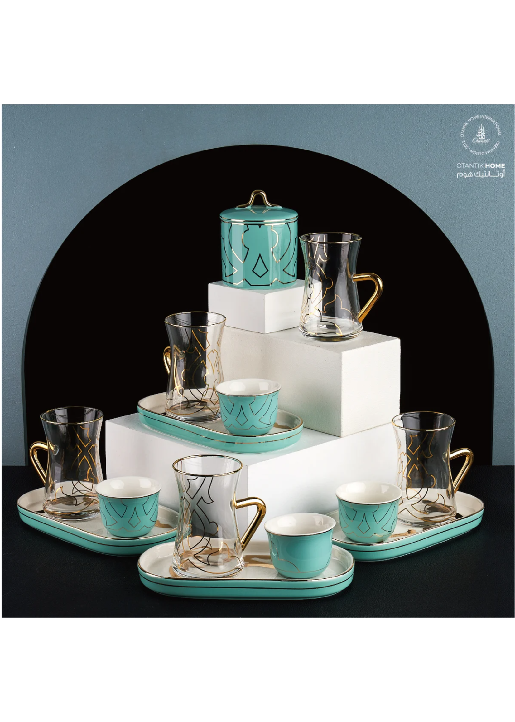 SALE: Rumi, 19pc Glass Tea Set with Jam Cup and Sugar Jar, Teal