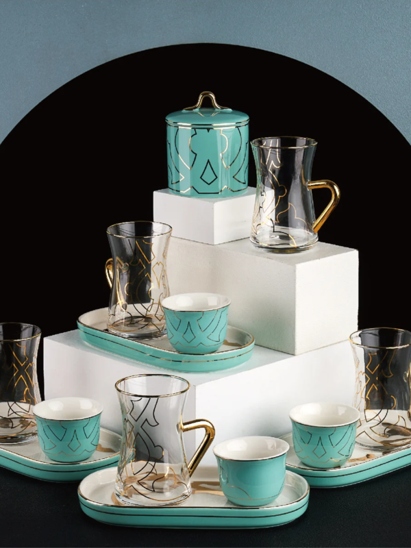 Rumi, 19pc Glass Tea Set with Jam Cup and Sugar Jar, Teal