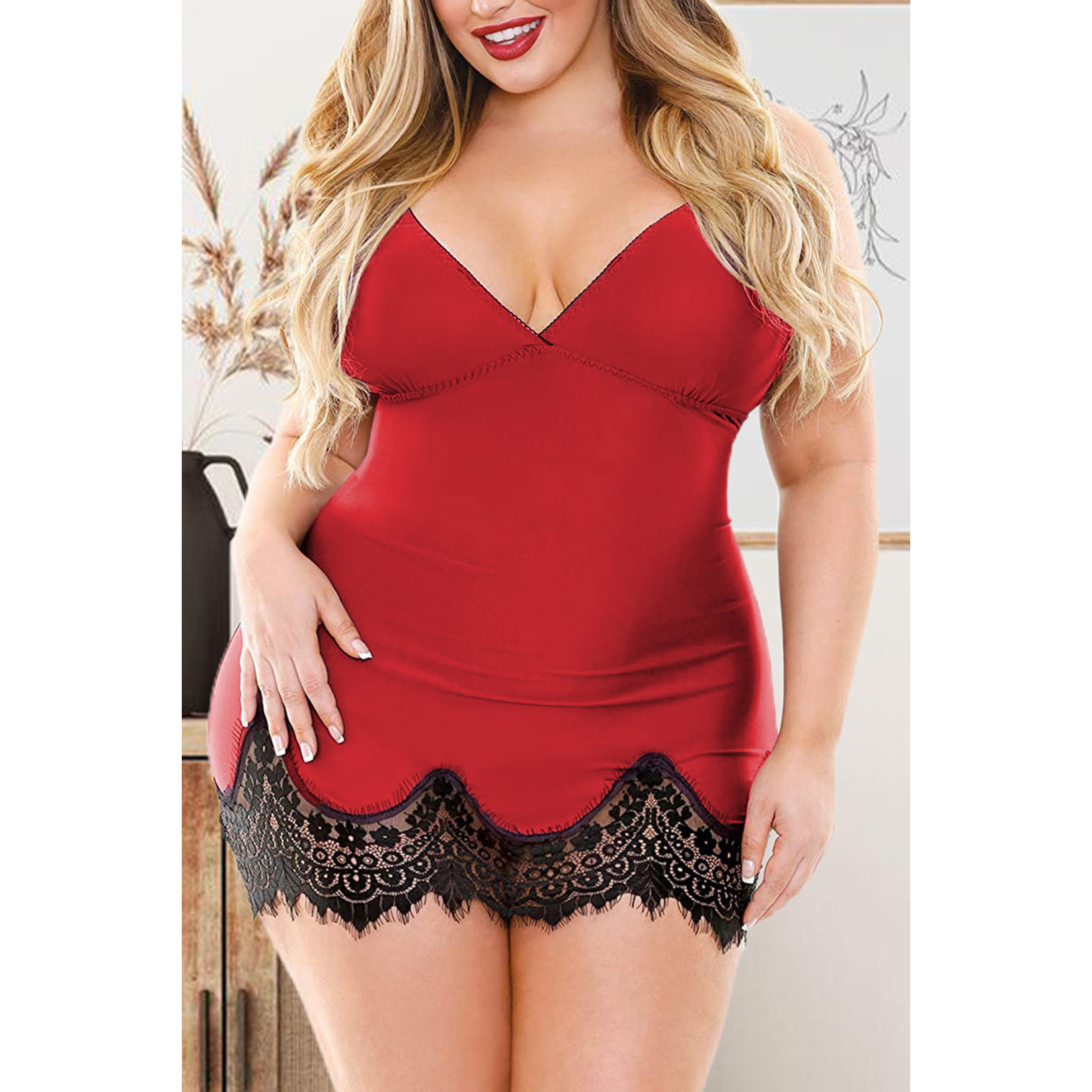 RED PLUS SIZE EYELASH HEMLINE CHEMISE (US 22-24)3X