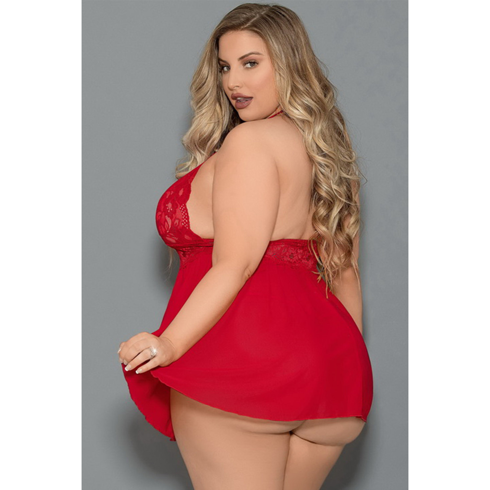 RED PLUS SIZE BACKLESS HALTER NECK LACE BABYDOLL SET (US 26-28)4X