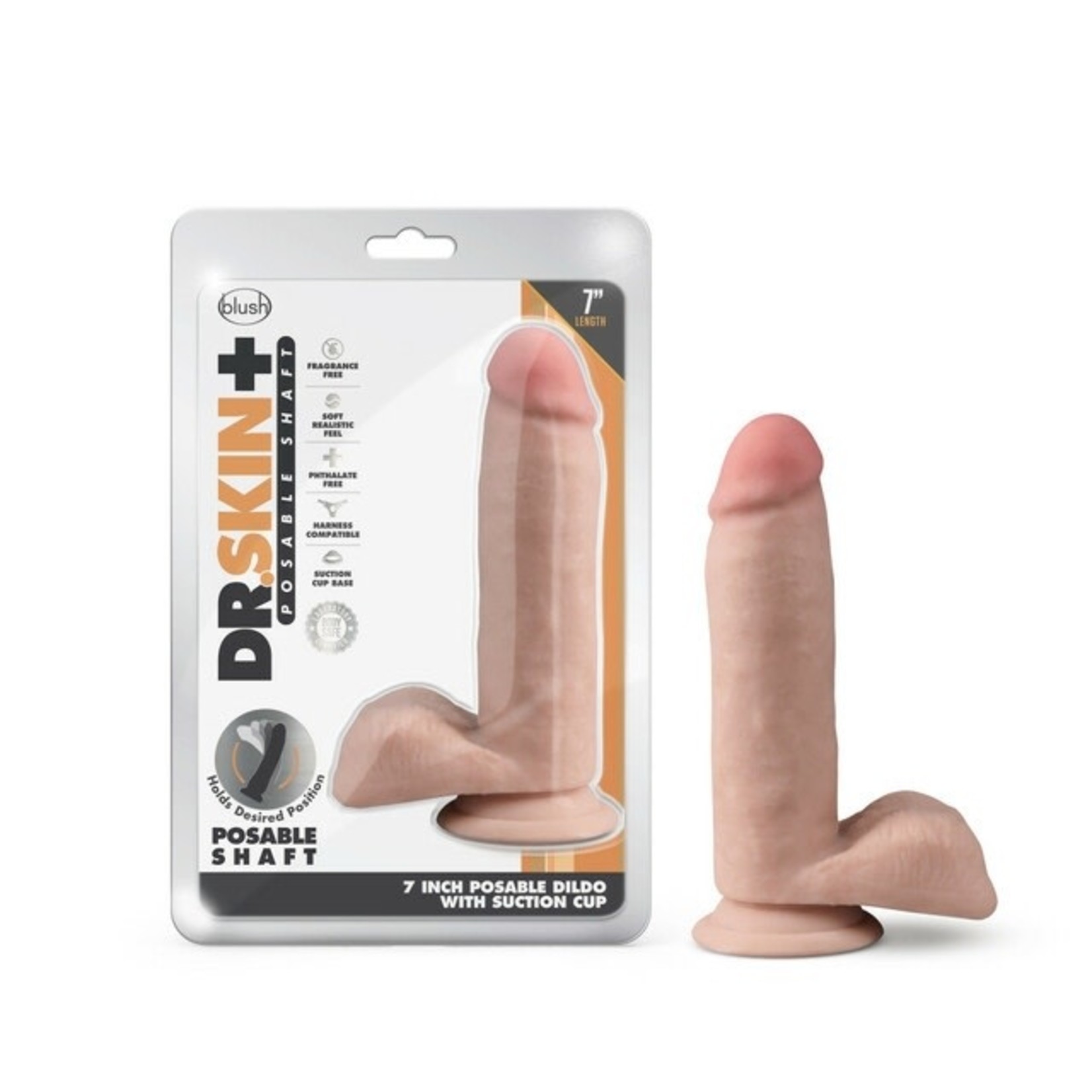 DR. SKIN BLUSH - DR. SKIN PLUS - 7 INCH POSABLE DILDO WITH BALLS - VANILLA