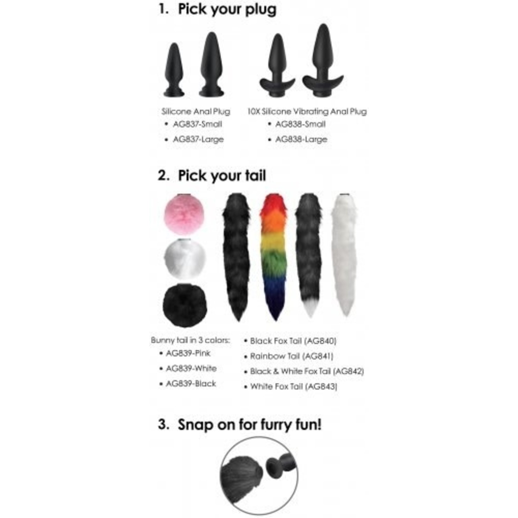 XR BRANDS TAILZ - SNAP-ON SILICONE ANAL PLUG & 3 INTERCHANGEABLE TAILS