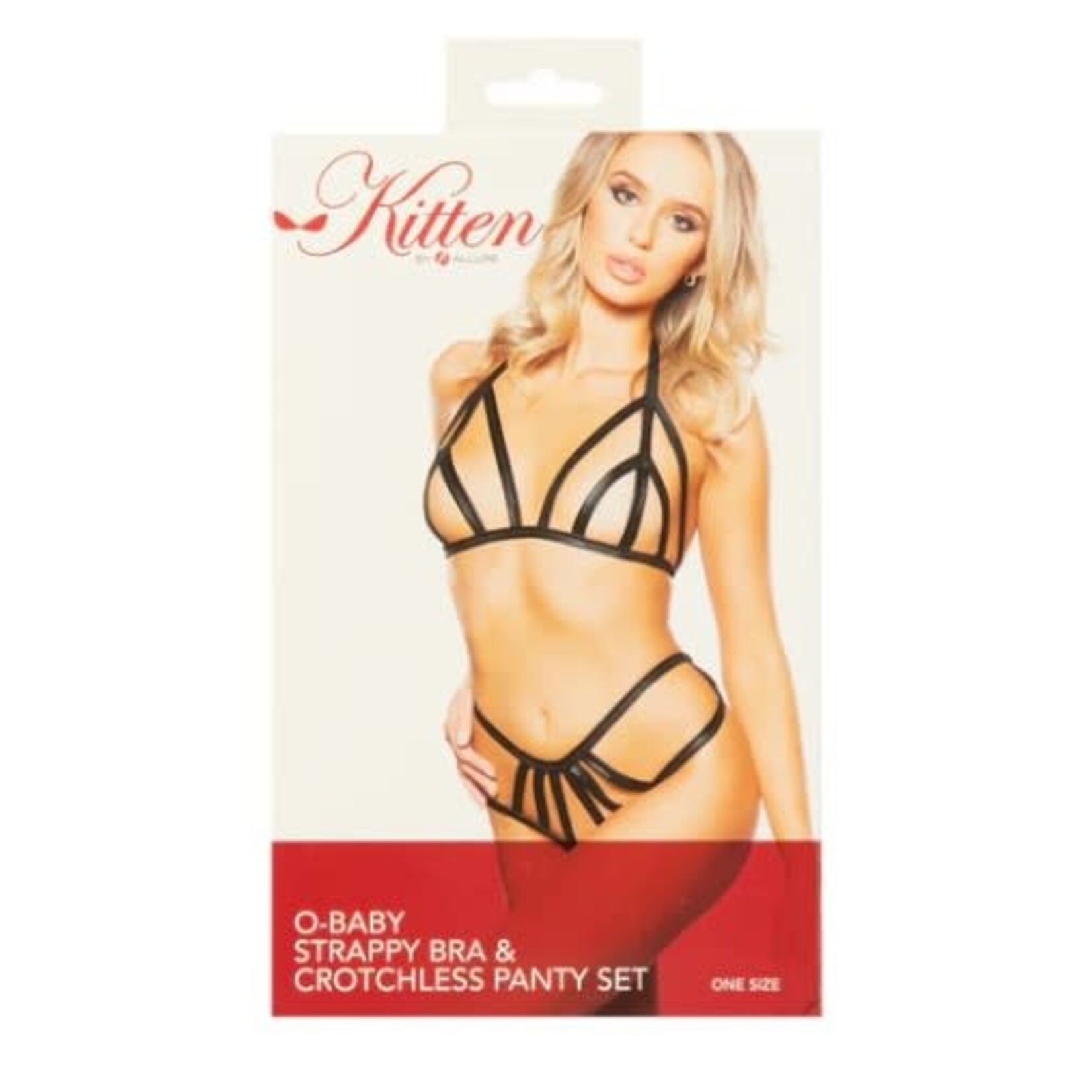 ALLURE LINGERIE KITTEN BY ALLURE O-BABY STRAPPY BRA & CROTCHLESS PANTY SET - BLACK - O/S