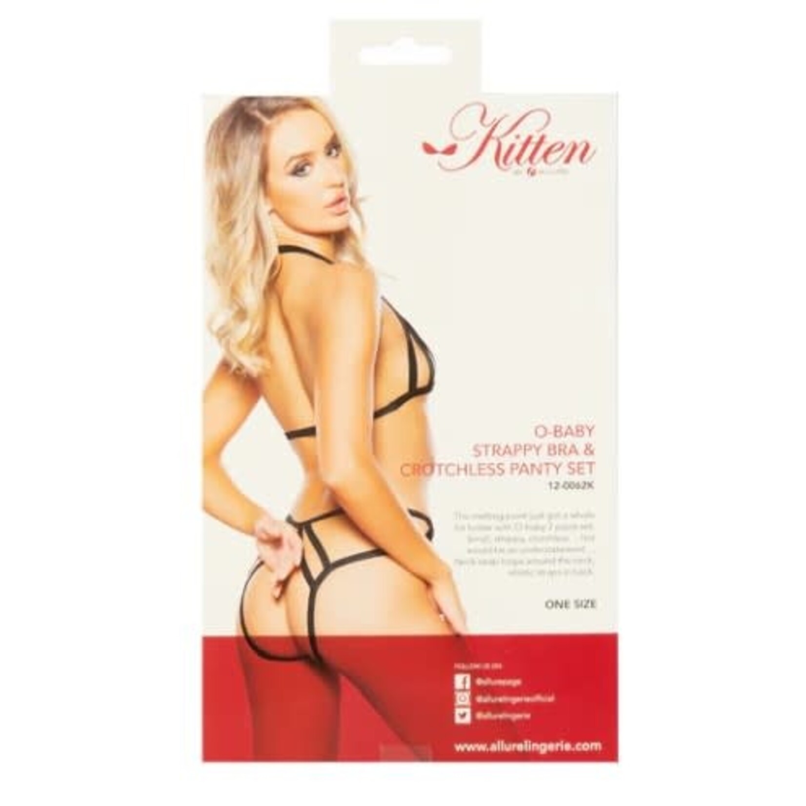 ALLURE LINGERIE KITTEN BY ALLURE O-BABY STRAPPY BRA & CROTCHLESS PANTY SET - BLACK - O/S