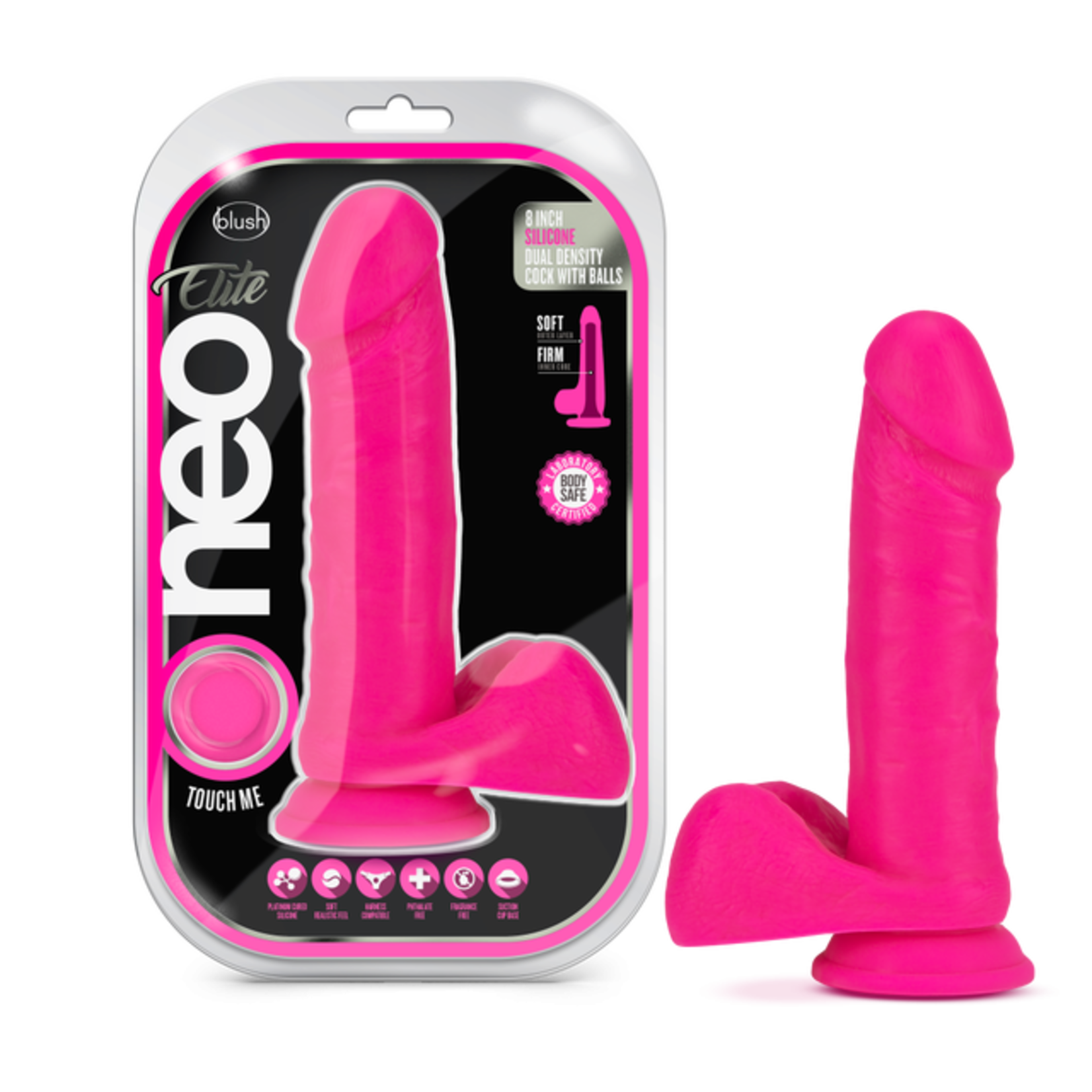 BLUSH BLUSH - NEO ELITE - 8 INCH SILICONE DUAL DENSITY COCK WITH BALLS - NEON PINK