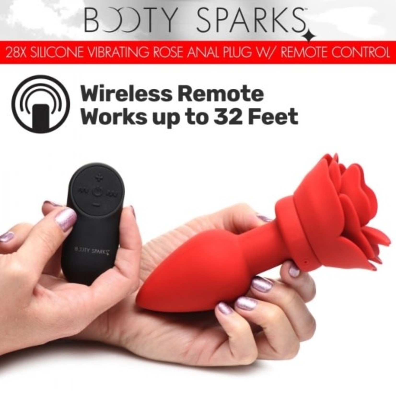 XR BRANDS BOOTY SPARKS 28X SILICONE VIBRATING ROSE ANAL PLUG W/ REMOTE -SMALL