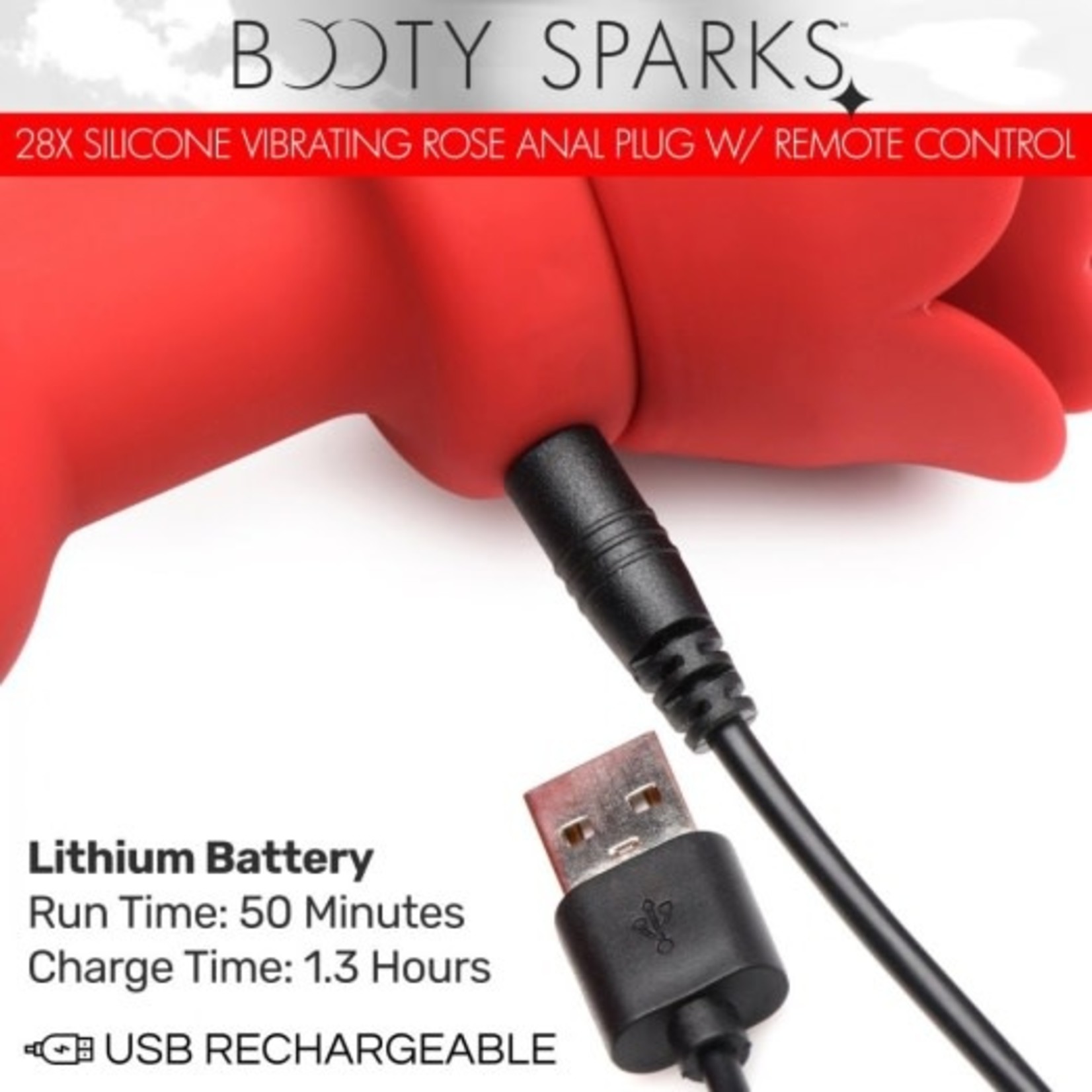 XR BRANDS BOOTY SPARKS 28X SILICONE VIBRATING ROSE ANAL PLUG W/ REMOTE -SMALL