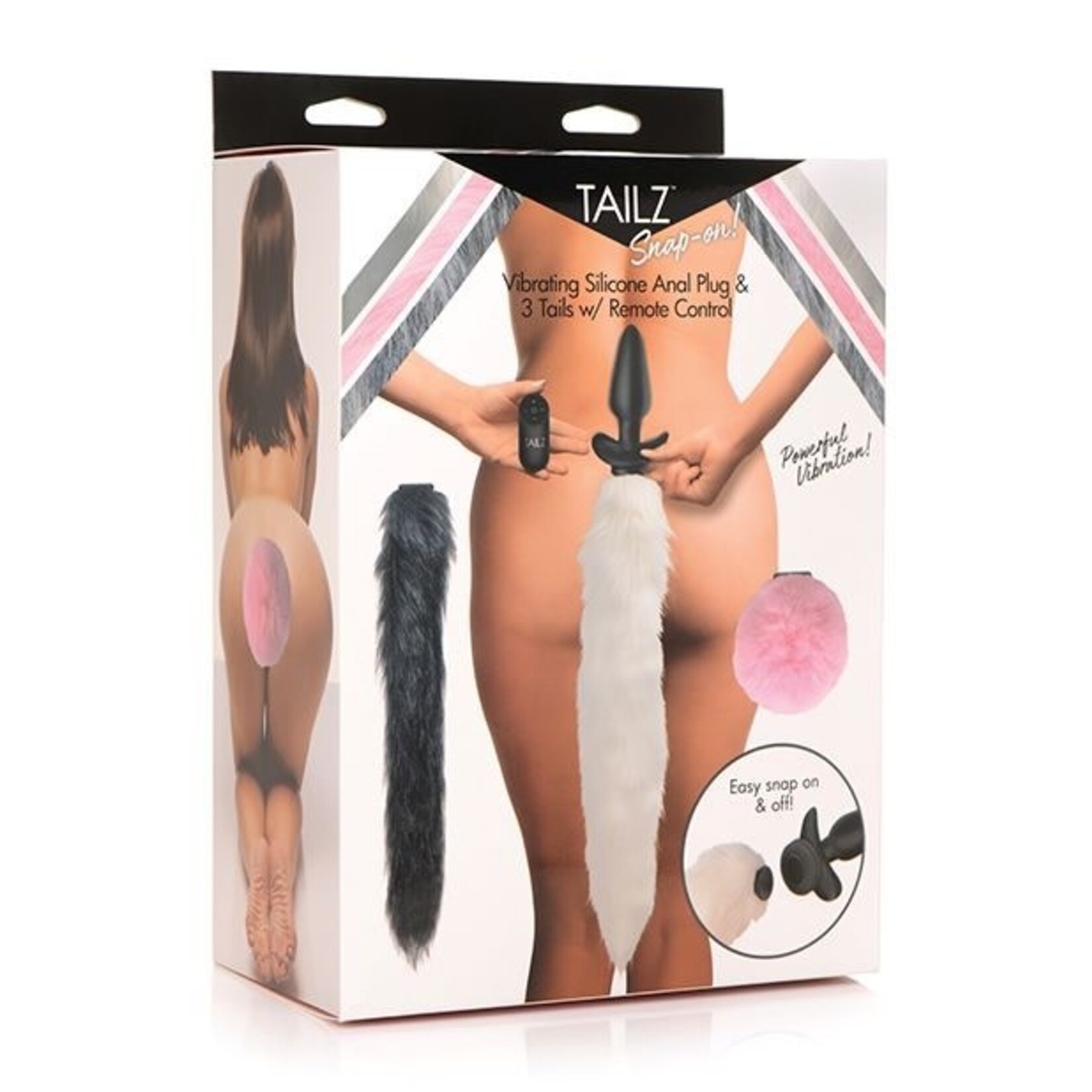 XR BRANDS TAILZ - SNAP-ON VIBRATING SILICONE ANAL PLUG & 3 TAILS W/ REMOTE CONTROL