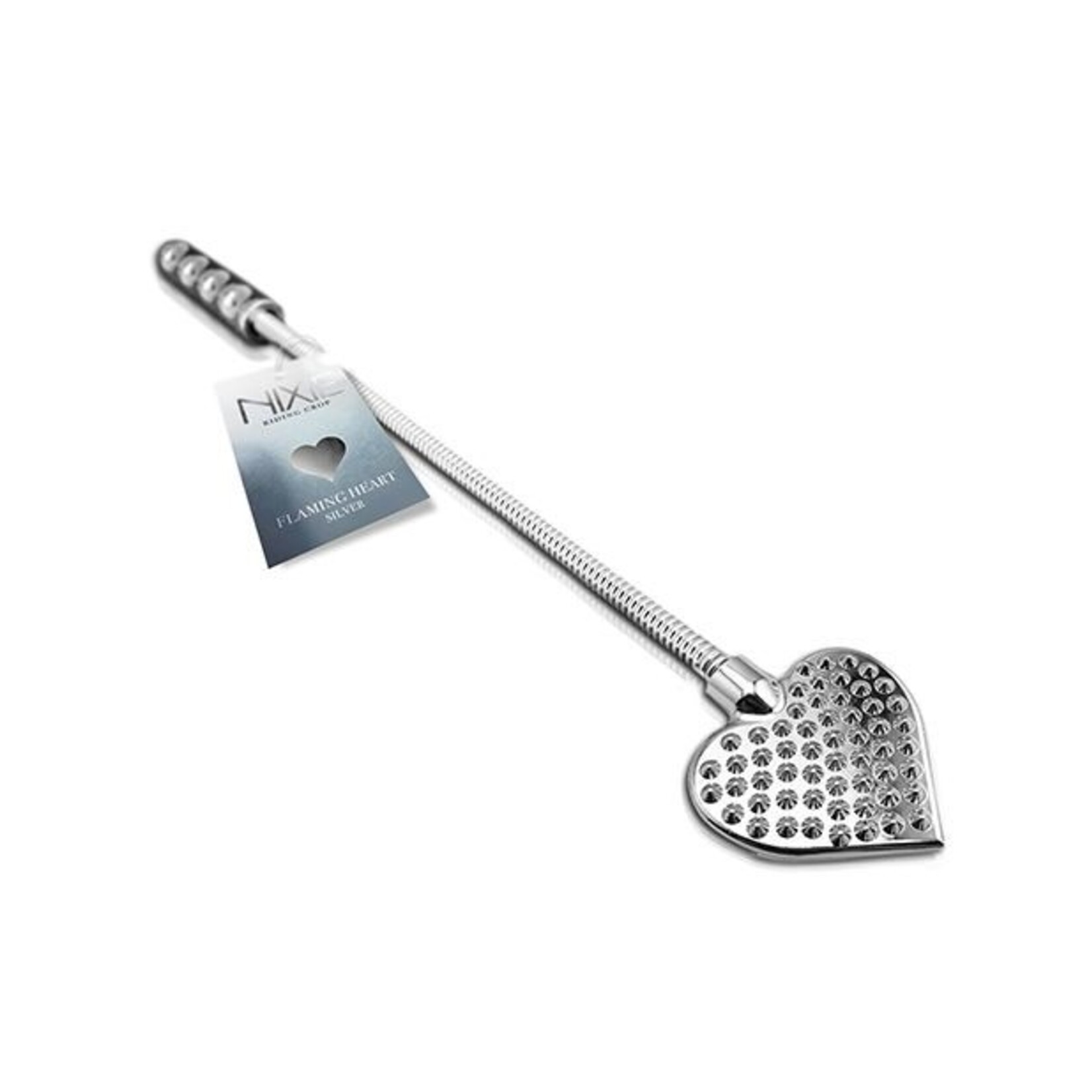 NIXIE STAINLESS STEEL RIDING CROP, FLAMING HEART