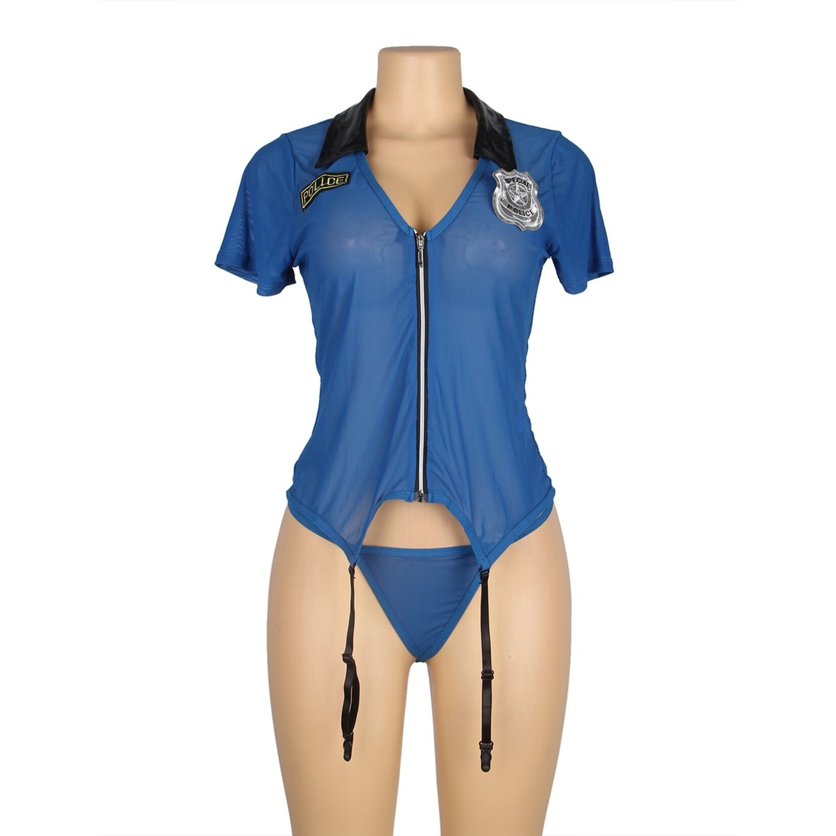 OH YEAH! -  BLUE ZIPPER FRONT SEXY GARTER BELT POLICE COSTUME WITH HANDCUFFS XS-S