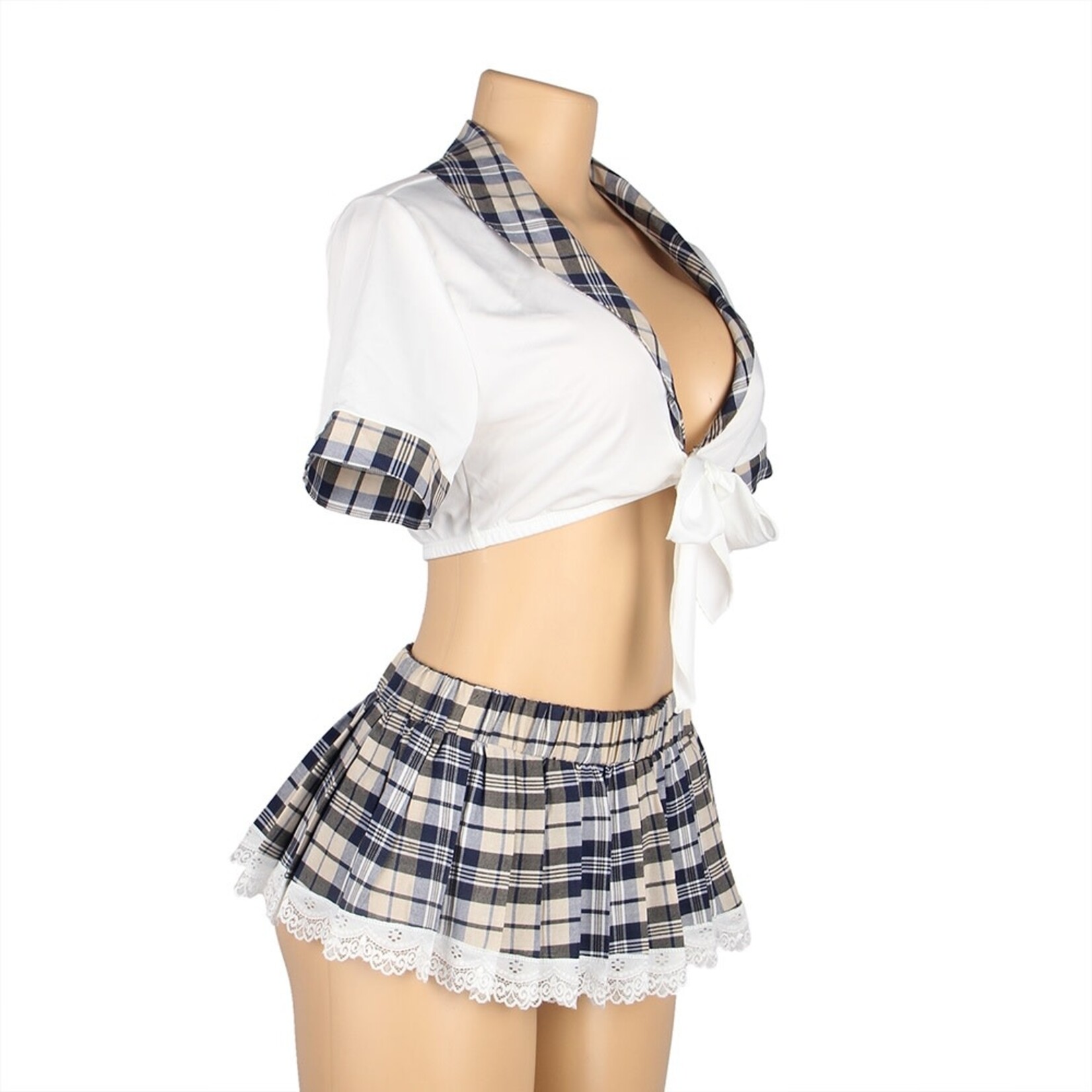 OH YEAH! -  SEXY WHITE CROP TOP PLAID SKIRT COSPLAY SUIT UNIFORM M-L