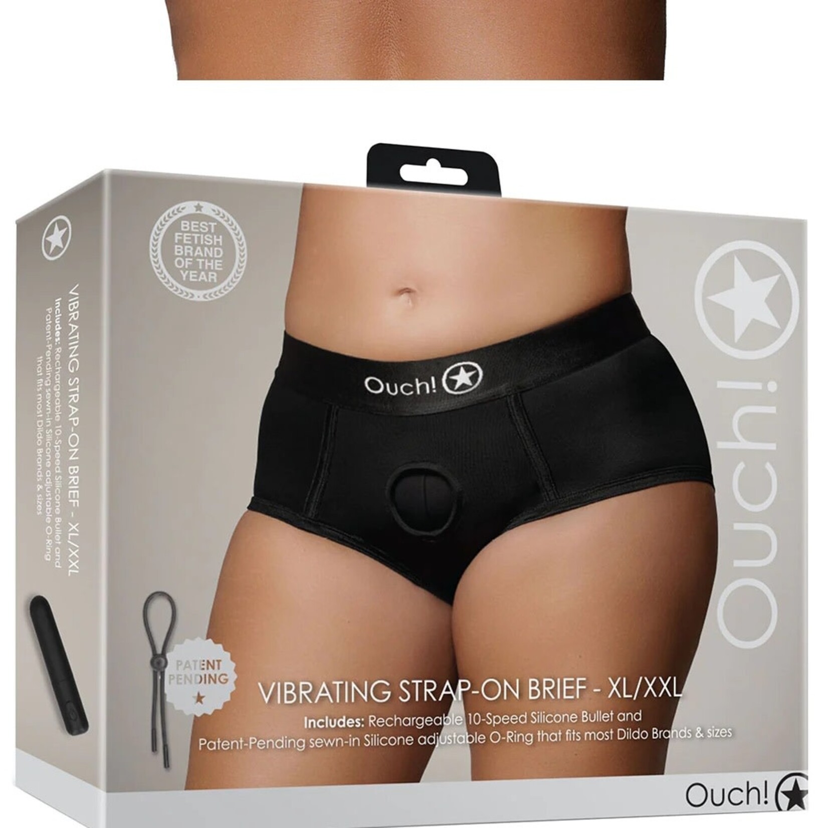 OUCH OUCH! BLACK VIBRATING STRAP-ON BRIEF XL/2X