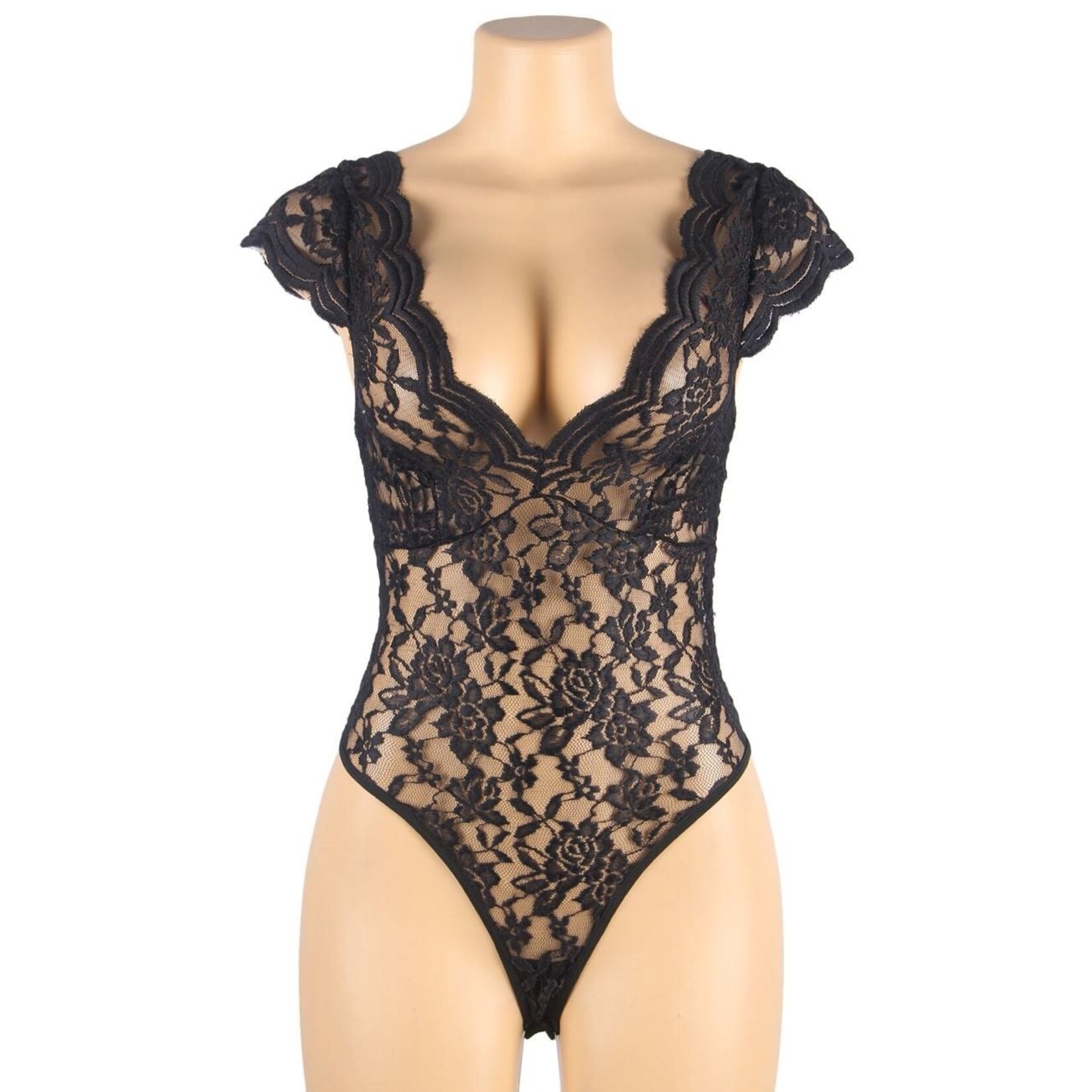 OH YEAH! -  SEXY BLACK DEEP V BACKLESS FULL LACE TEDDY M-L