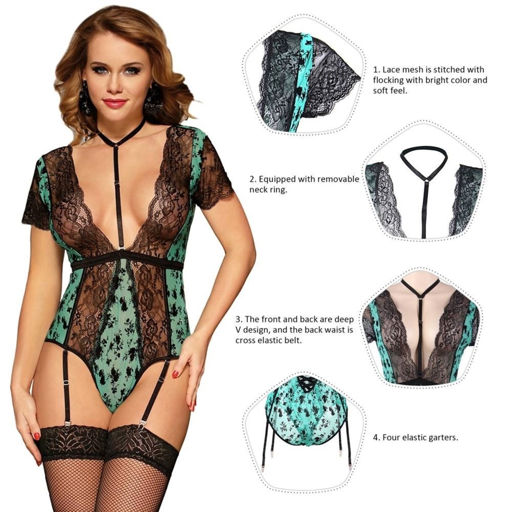 OH YEAH! -  PLUS SIZE GREEN EXQUISITE LACE CHOKER NECK TEDDY M-L