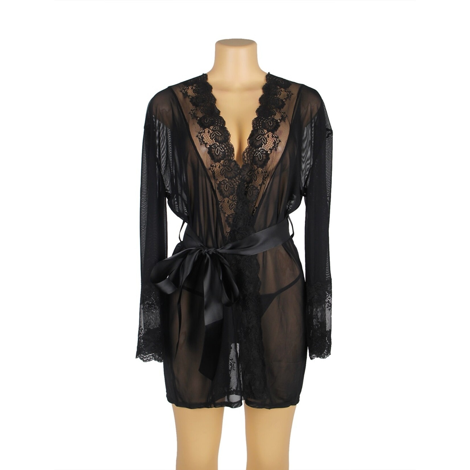 OH YEAH! -  BLACK LACE SEXY HOLLOW OUT BACK DESIGN ROBE LINGERIE WITH PANTIES XL-2XL