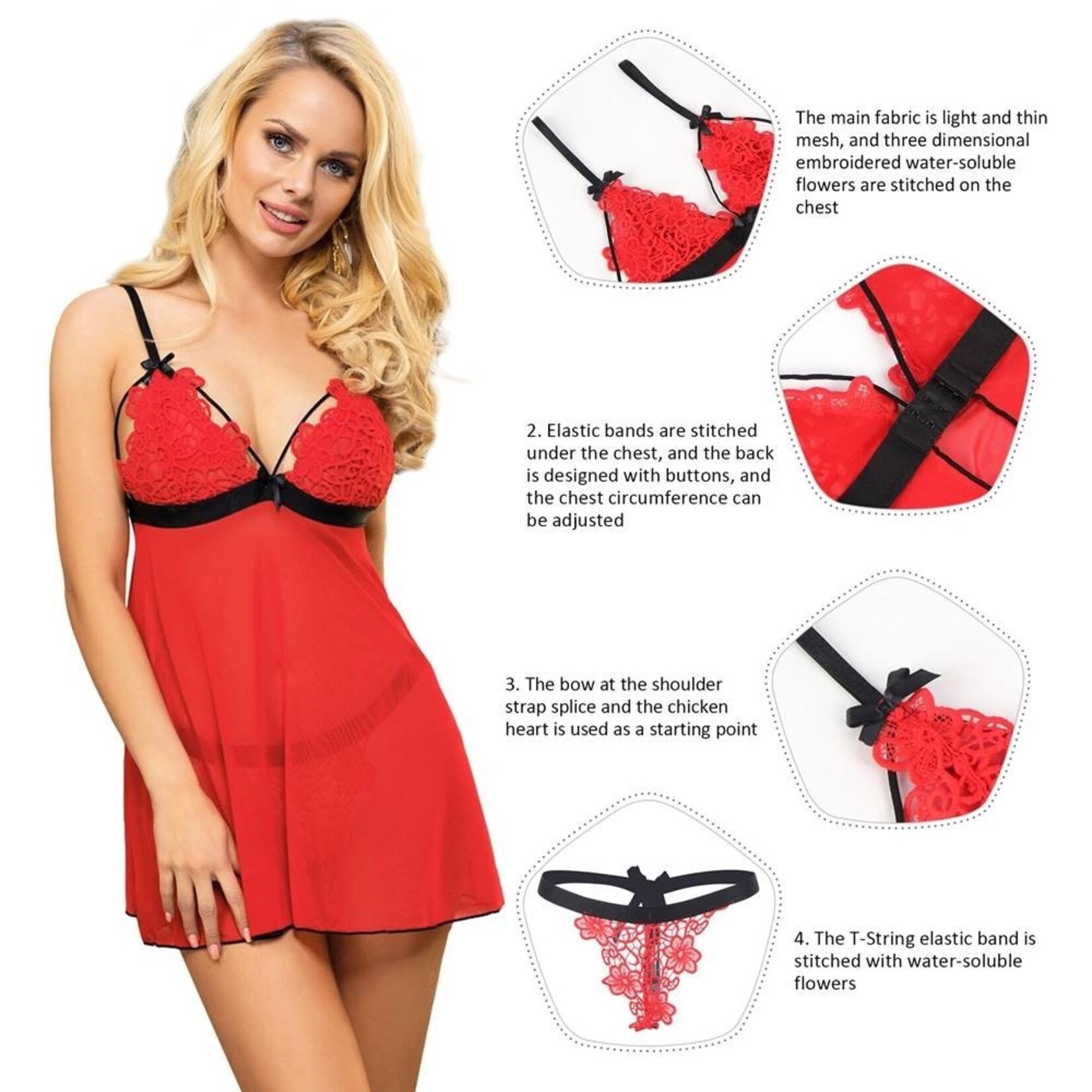 OH YEAH! -  RED LACE HIGH-END DELICATE EMBROIDERY BABYDOLL LINGERIE SET XS-S