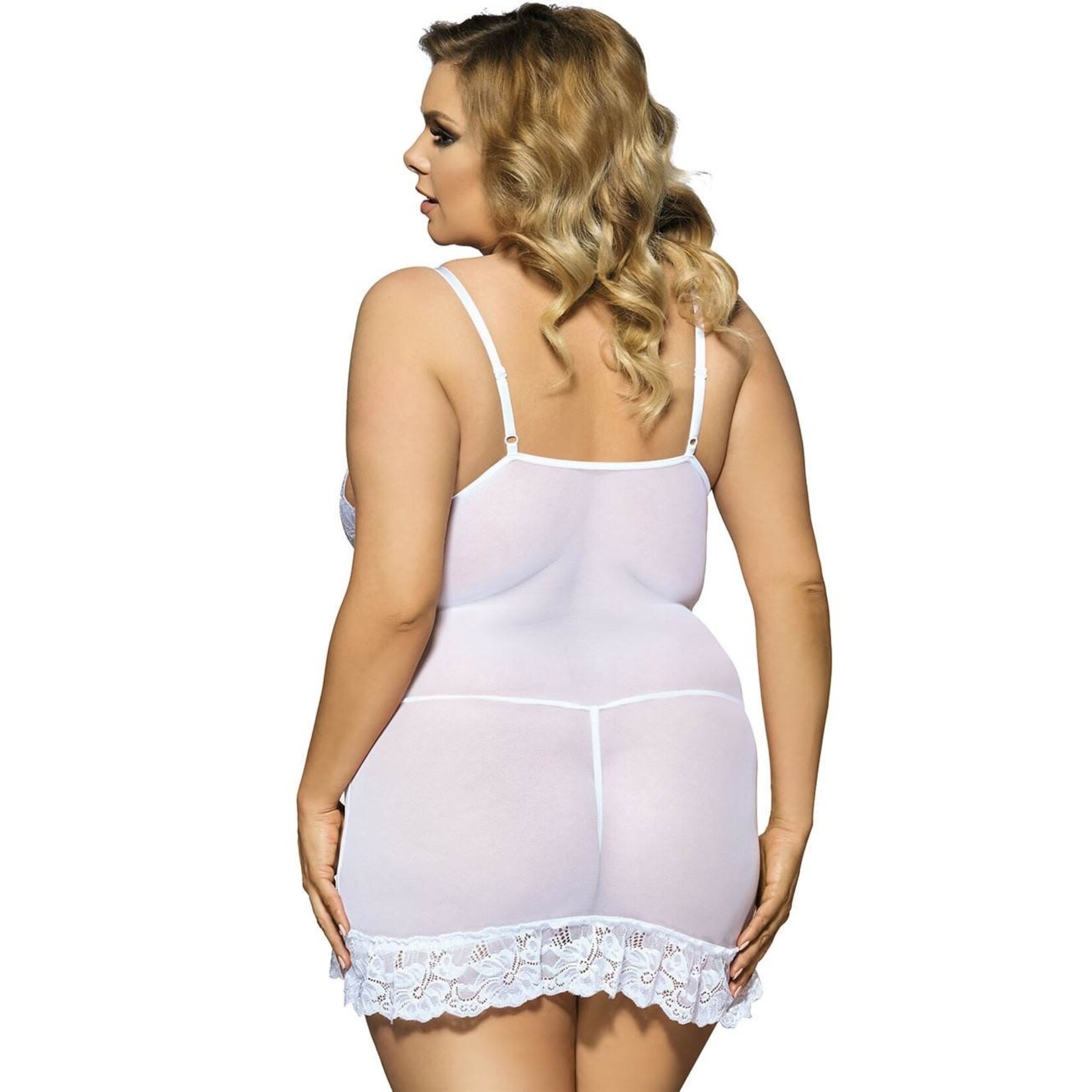 OH YEAH! -  SEXY SLIM DEEP V NECK PLUS SIZE WHITE LACE SLEEPWEAR WITH THONG XL-2XL