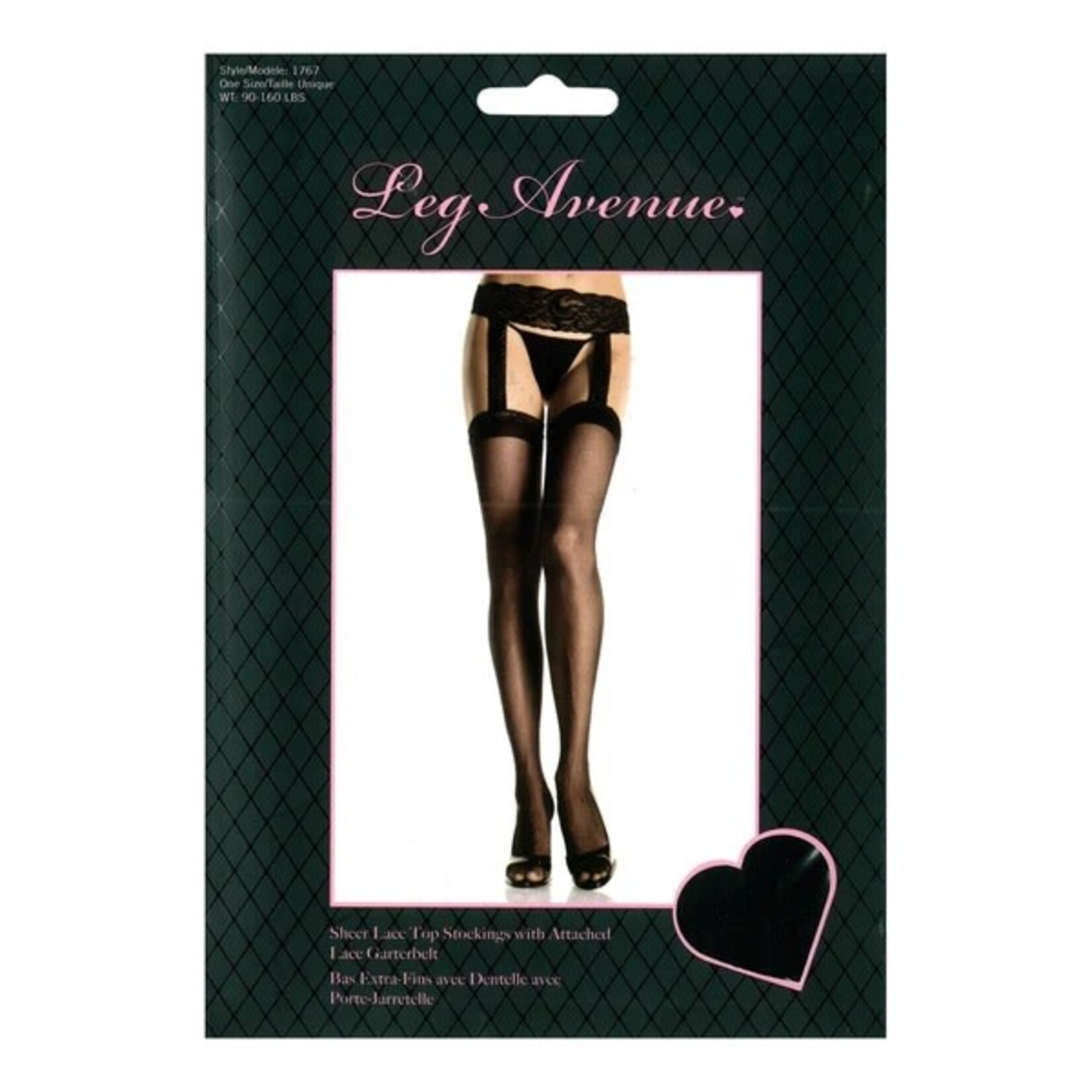 LEG AVENUE LEG AVENUE SHEER LACE TOP STOCKINGS WITH ATTACHED LACE GARTERBELT - BLACK - ONE SIZE