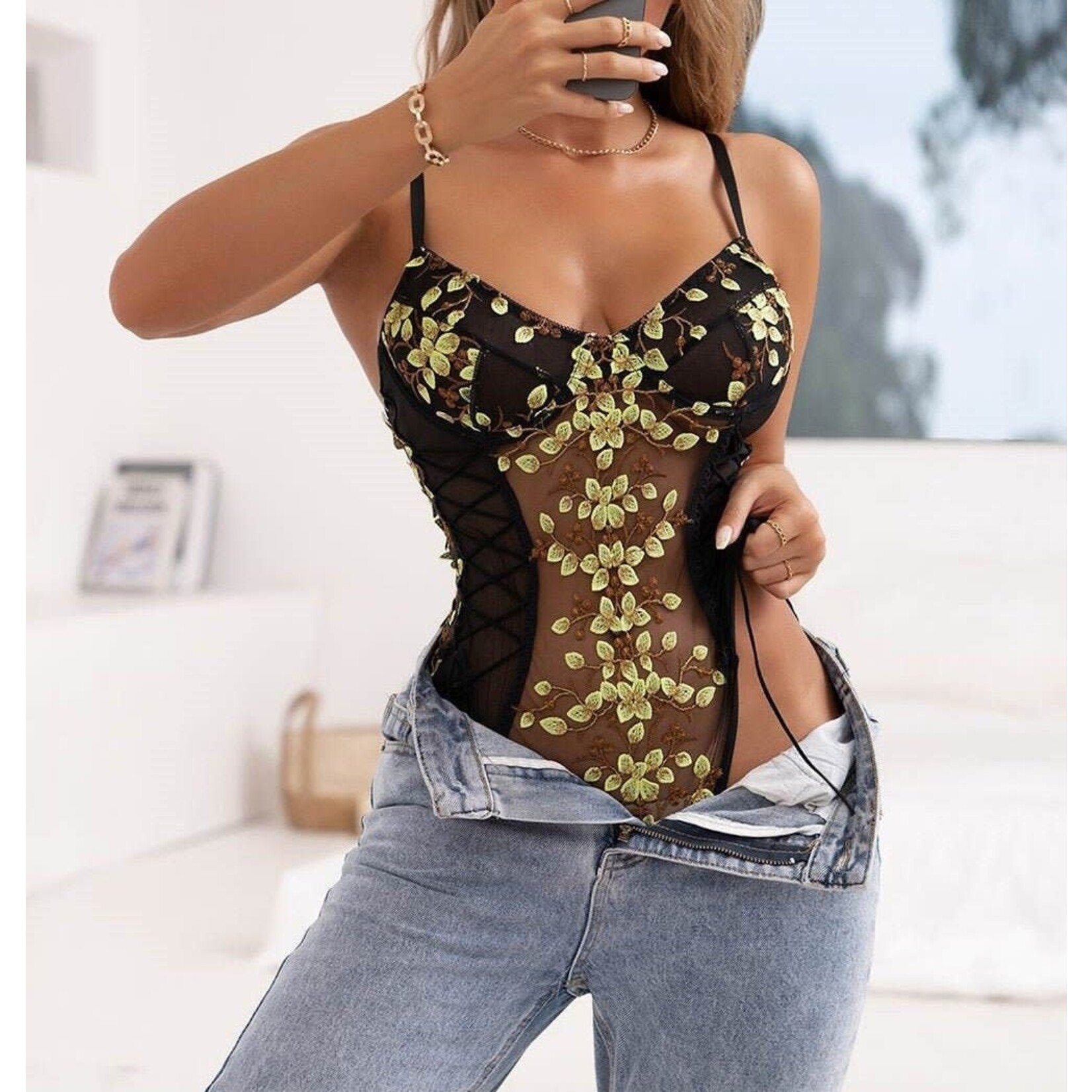 OH YEAH! -  FASHION EMBROIDERY BLACK MESH BODYSUIT WITH UNDERWIRE M