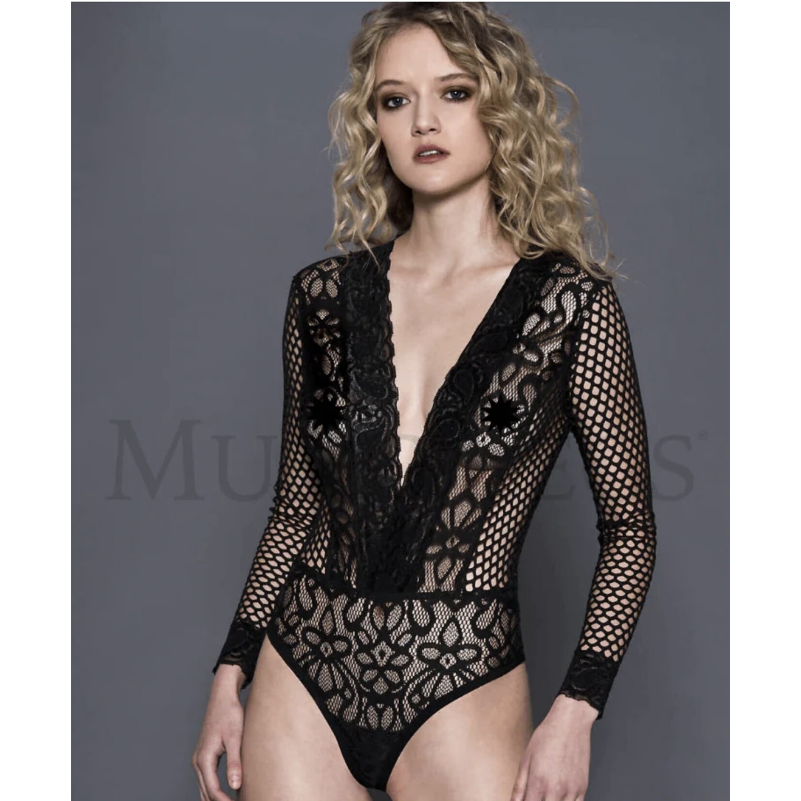 MUSIC LEGS MUSIC LEGS -  LONG-SLEEVED FLOWER LACE TEDDY BLACK O/S