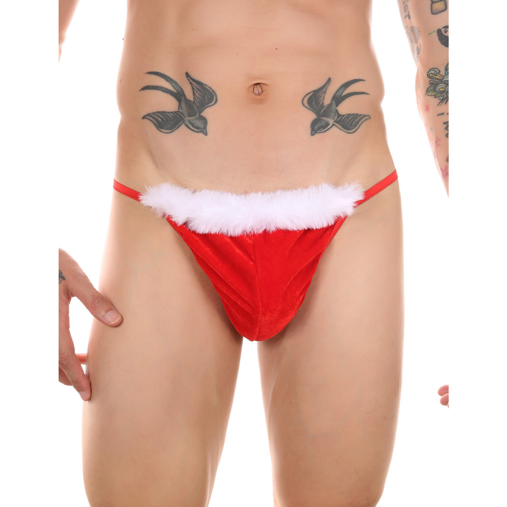 OH YEAH! OH YEAH! -  RED SEXY VELVET WHITE FEATHER CHRISTMAS MEN THONG UNDERWEAR RED XS-M