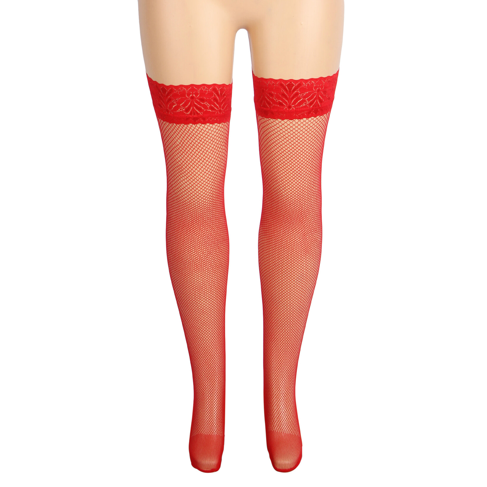 OH YEAH! OH YEAH! -  RED FISHNETS THIGH HIGH STOCKINGS SILICONE LACE TOP STAY UP SHEER HOSIERY RED  XS-M