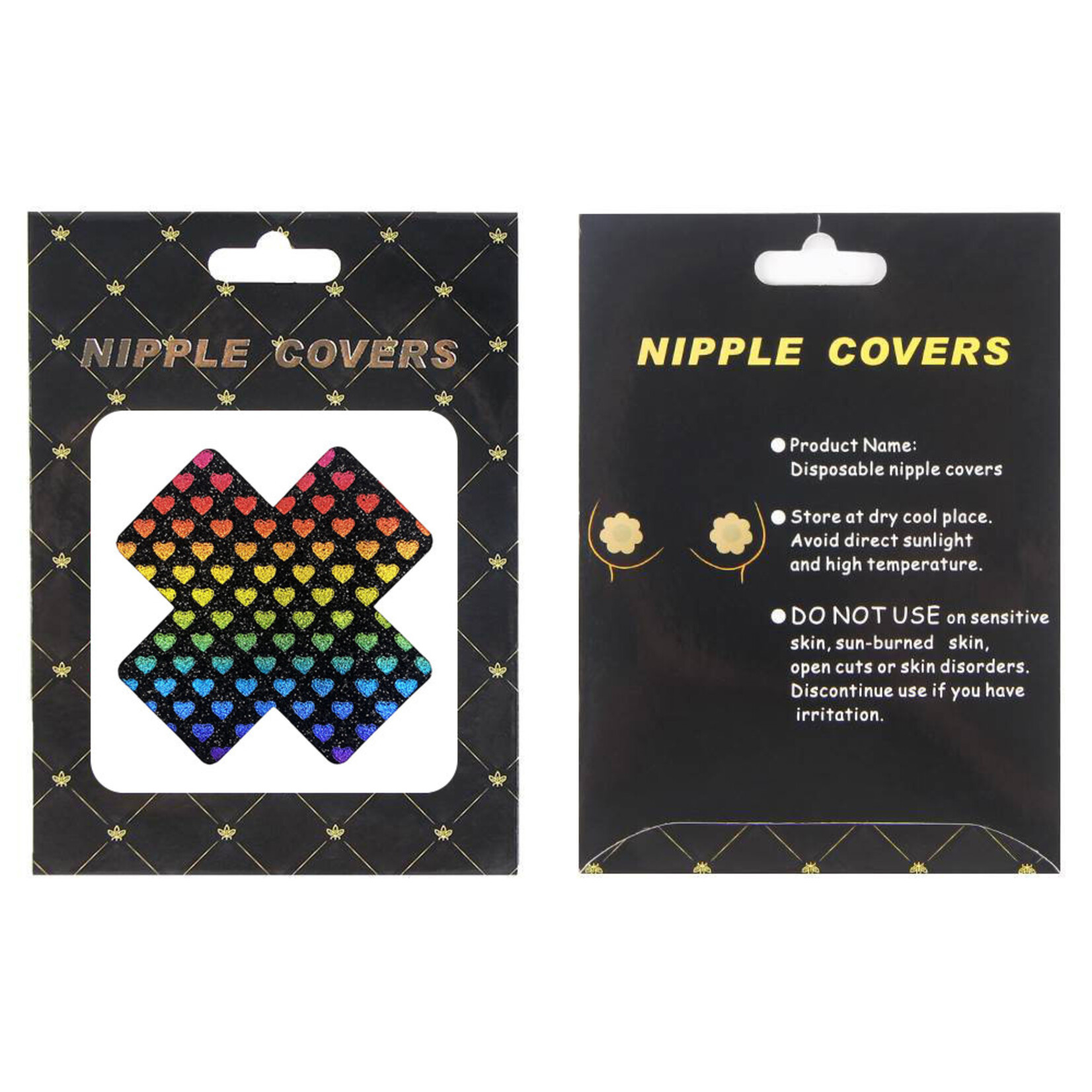 OH YEAH! OH YEAH! -  CROSS SHAPE NIPPLE COVERS WITH COLORFUL HEARTS BLACK