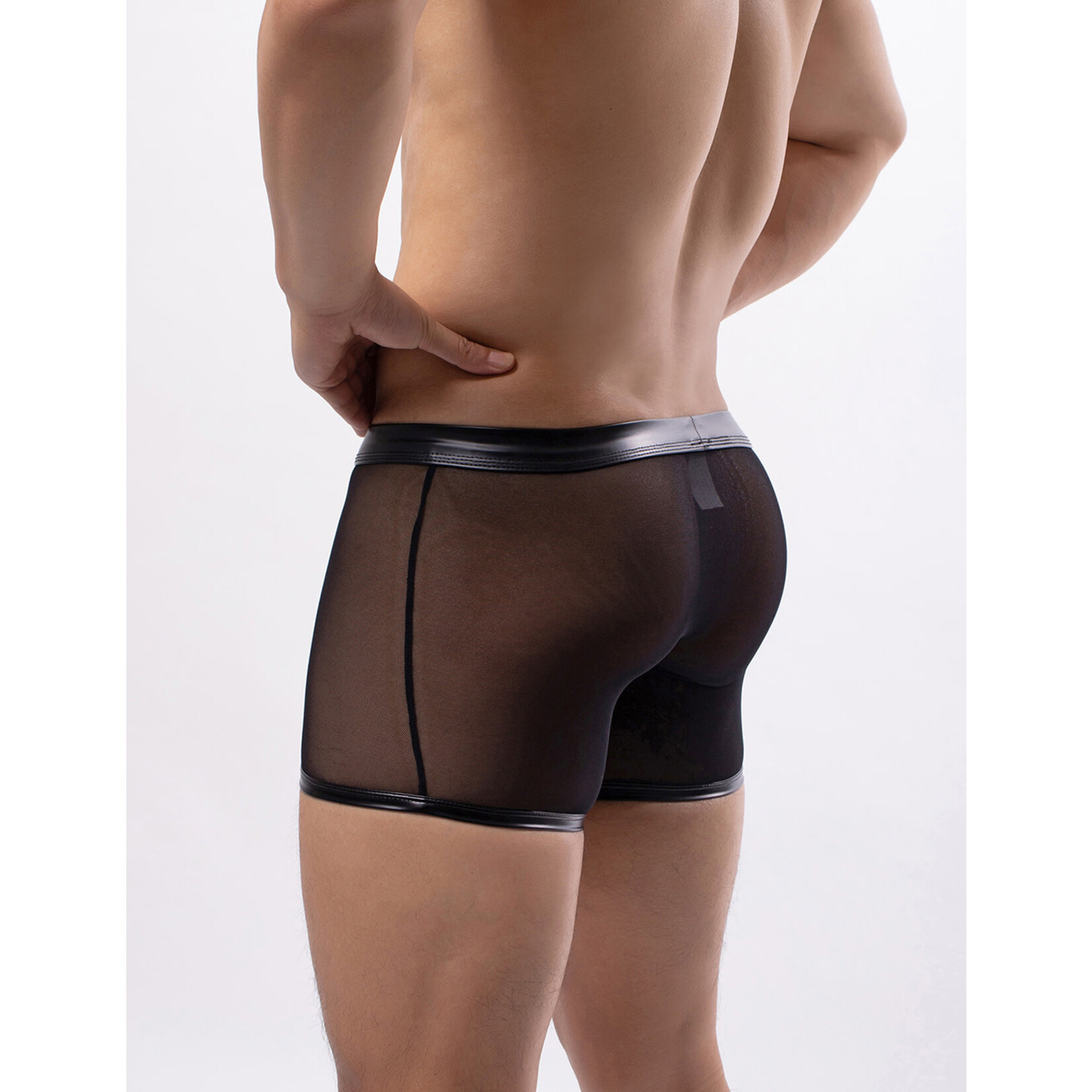 OH YEAH! OH YEAH! -  BLACK SEXY MESH OPENABLE CROTCH IMITATION LEATHER MEN'S BOXER UNDERWEAR BLACK SMALL