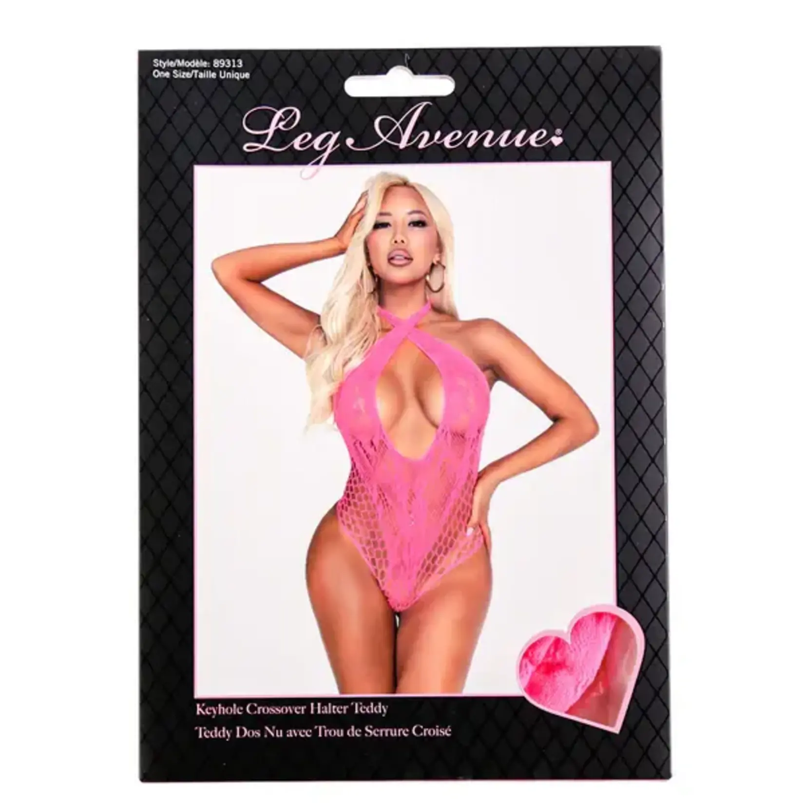 LEG AVENUE LEG AVENUE KEYHOLE CROSSOVER HALTER TEDDY - PINK - ONE SIZE FITS MOST