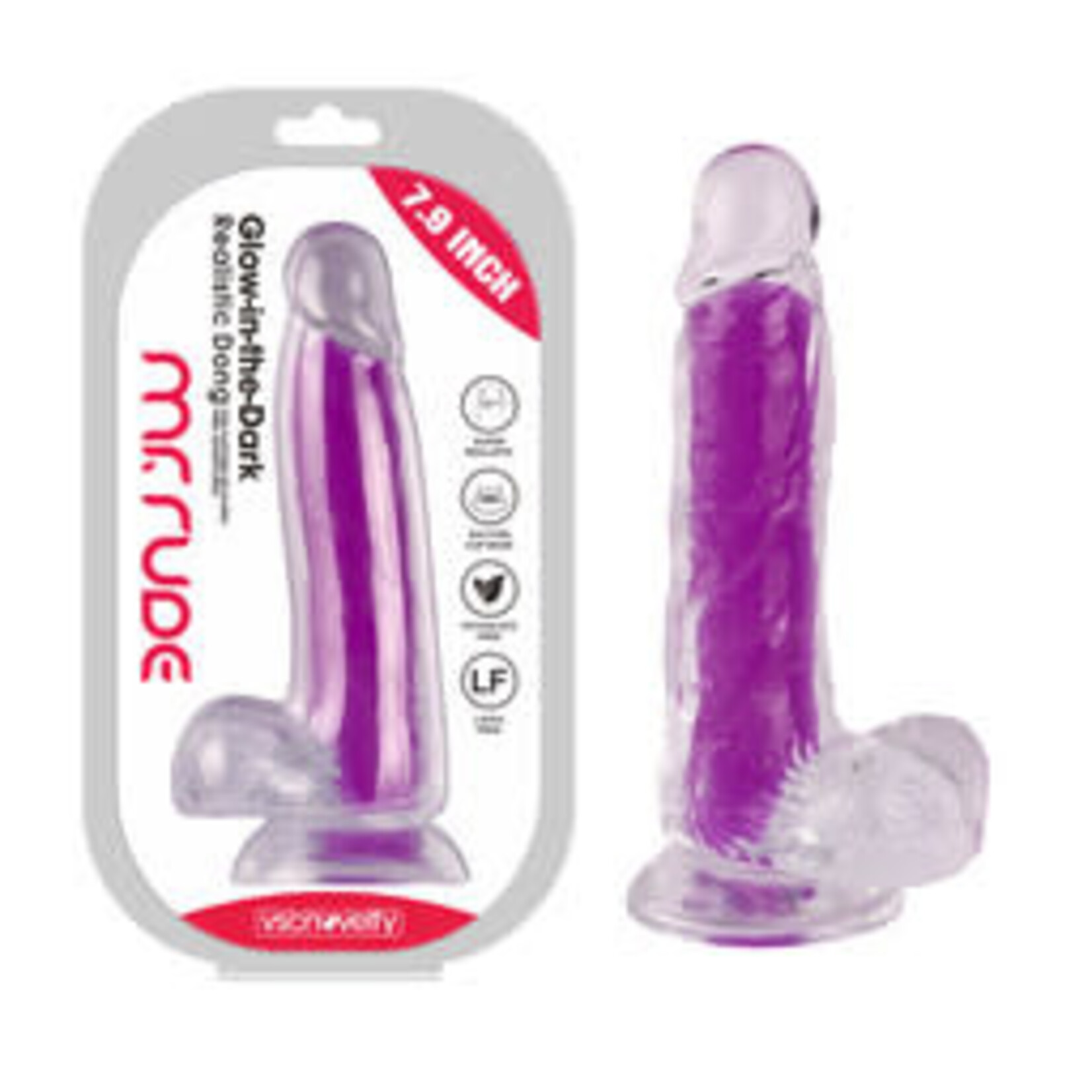 MR. RUDE 7.9"GLOW-IN-THE-DARK DONG PURPLE