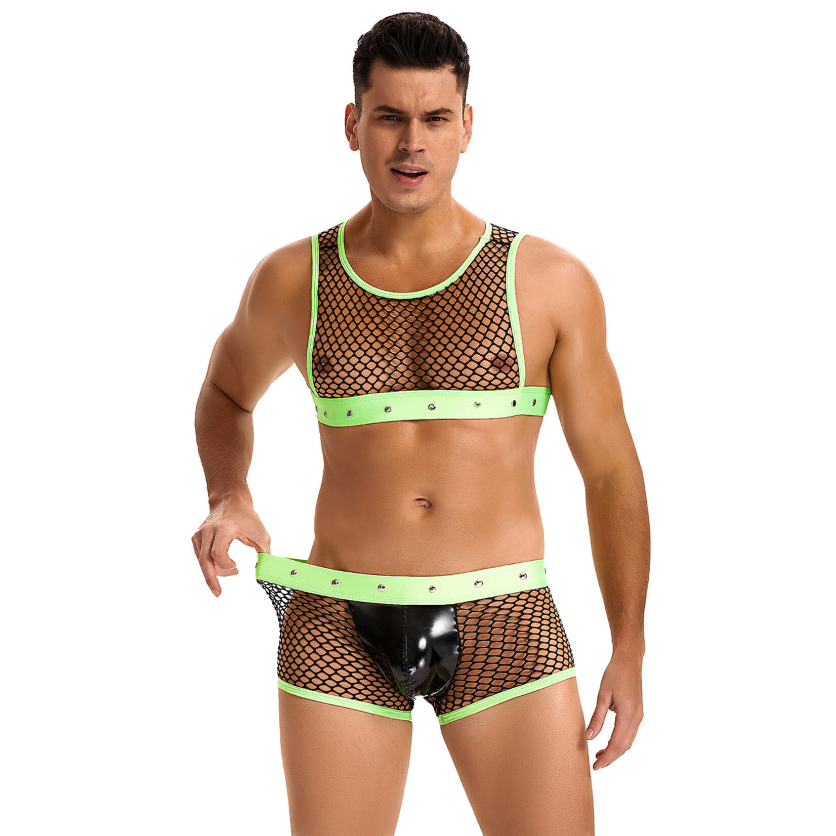 OH YEAH! OH YEAH! -  GREEN MEN SEXY FISHNET SEE THROUGH LINGERIE SET LARGE GREEN