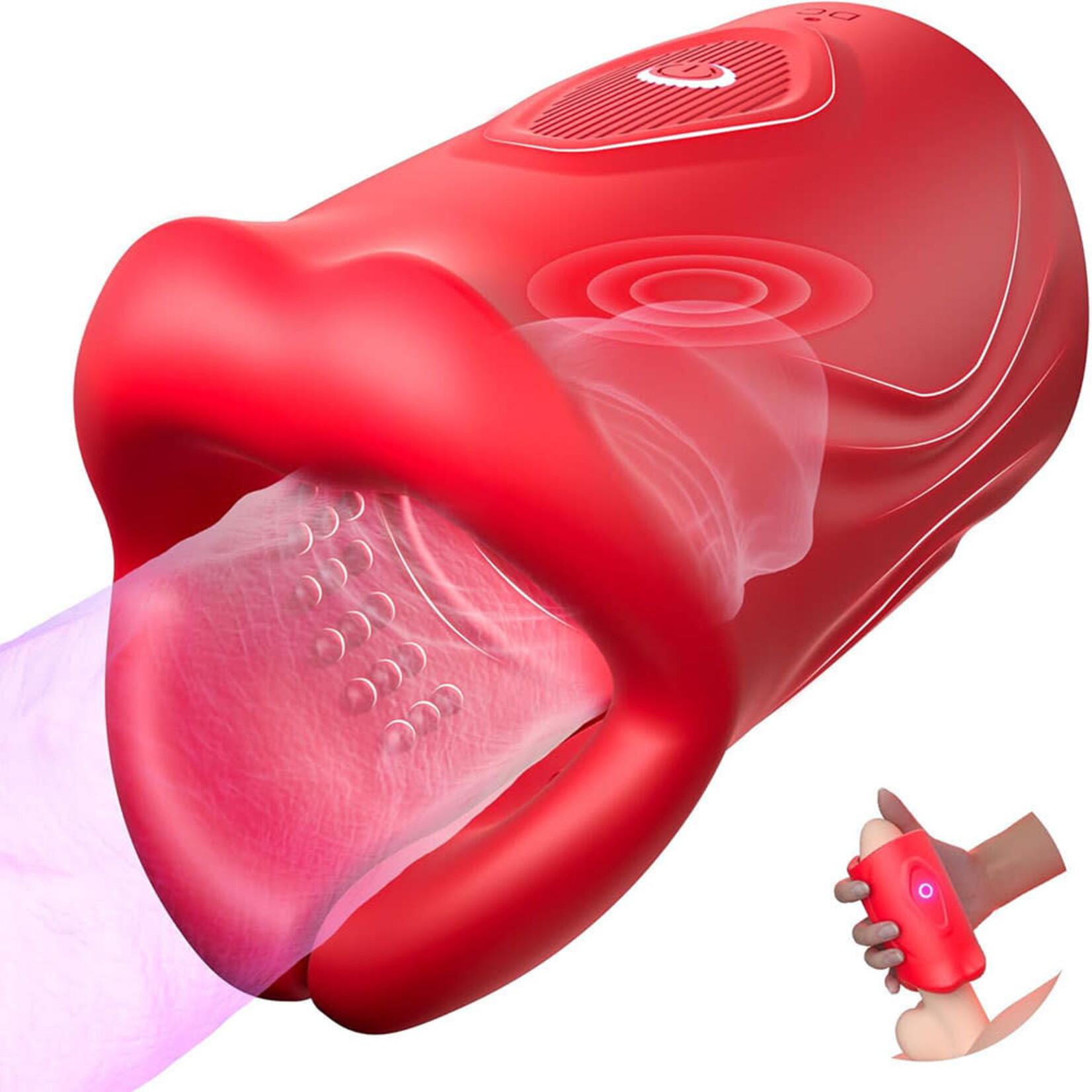 SINSATIONS 3.94 INCH RED 9-SPEED APP-CONTROLLED WATERPROOF RECHARGEABLE SILICONE TONGUE MALE MASTURBATOR