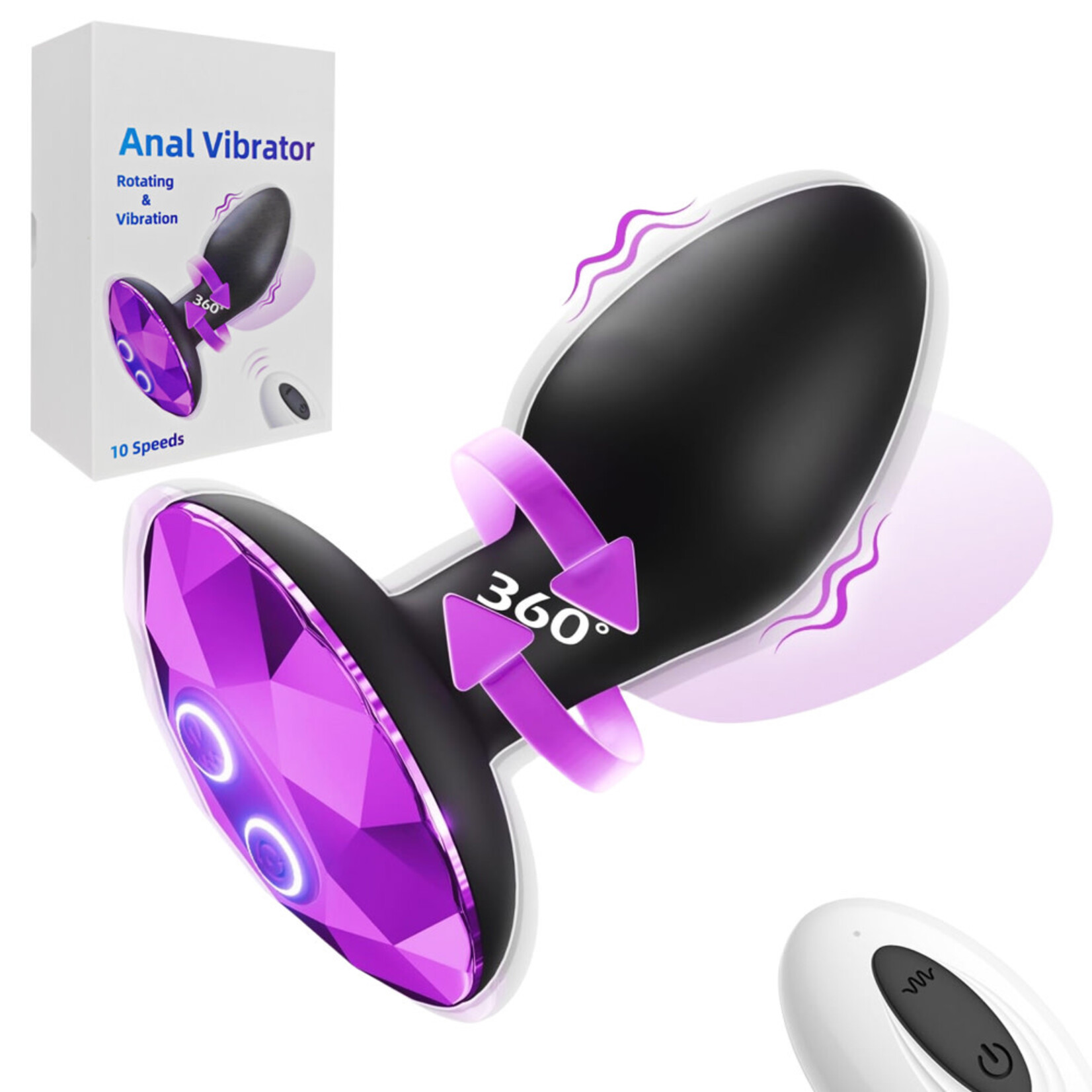 SINSATIONS 10-SPEED BLACK SILICONE VIBRATING & ROTATING BUTT PLUG WITH REMOTE CONTROL AND PURPLE CRYSTAL BASE