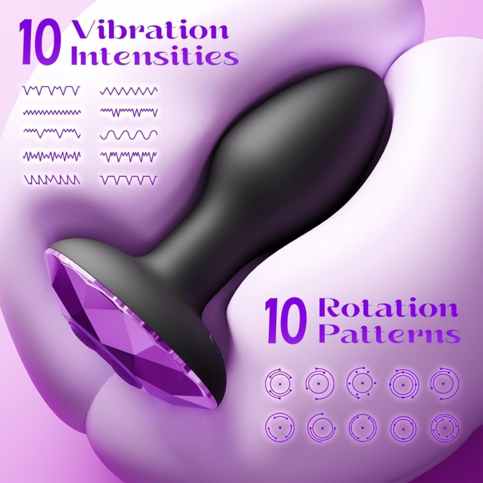 SINSATIONS 10-SPEED BLACK SILICONE VIBRATING & ROTATING BUTT PLUG WITH REMOTE CONTROL AND PURPLE CRYSTAL BASE