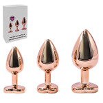 SINSATIONS  ROSE GOLD METAL ANAL PLUG SET (3 SIZES) WITH HEART-SHAPED PINK GEM BASE