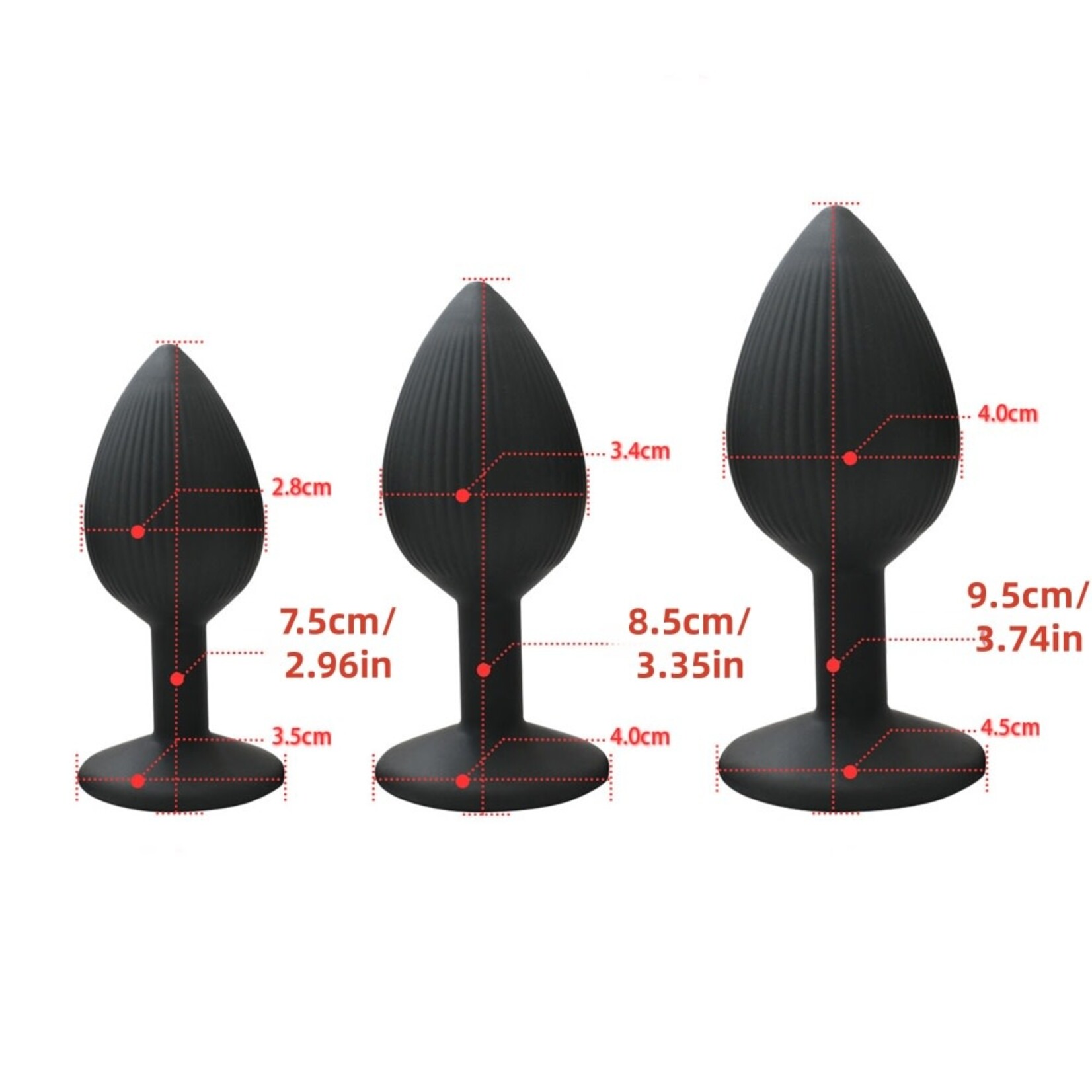 SINSATIONS  RIBBED TEXTURE BLACK SILICONE ANAL PLUG TRAINING KIT (3 SIZES)