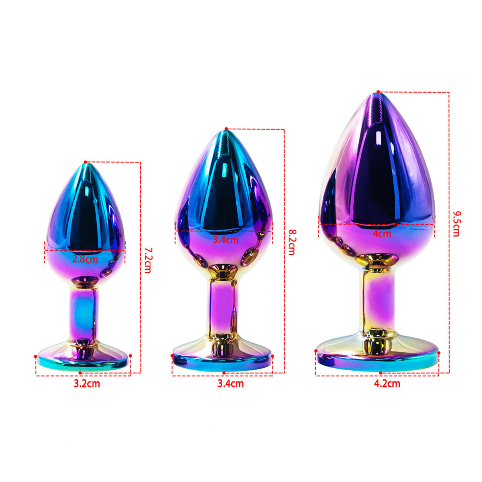 SINSATIONS  RAINBOW METAL ANAL PLUG SET (3 SIZES) WITH CRYSTAL ROUND GEM BASE