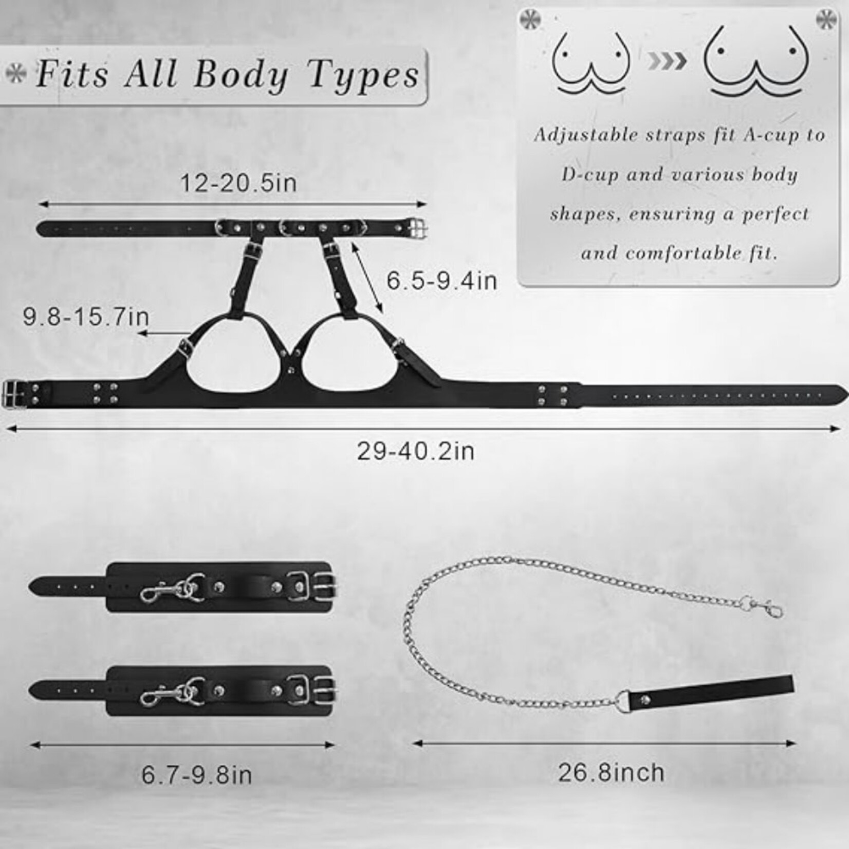 SINSATIONS ADJUSTABLE CHEST HARNESS BONDAGE SET WITH COLLAR, HANDCUFFS & LEASH - BLACK FETISH RESTRAINT KIT
