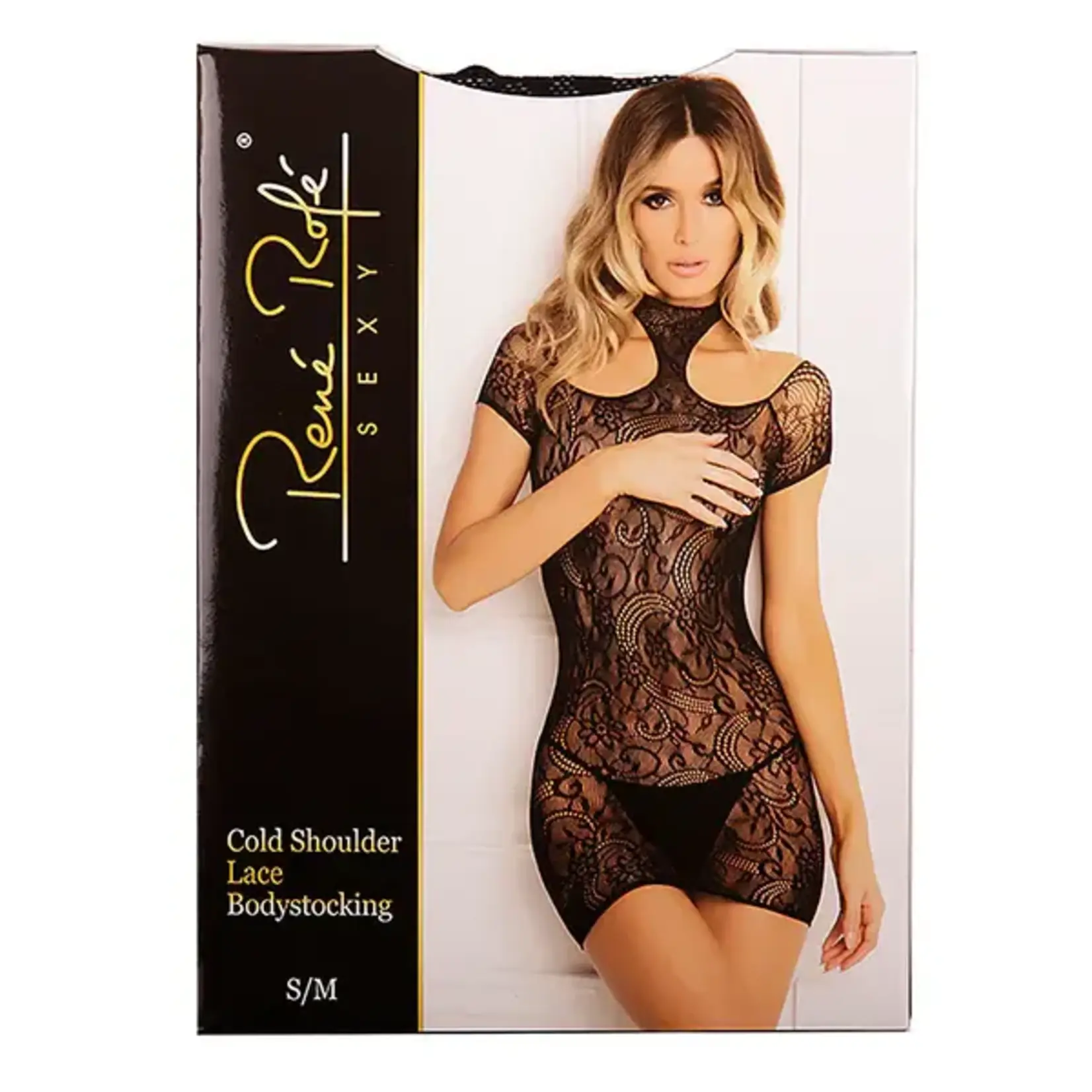 RENE ROFE LINGERIE RENE ROFE COLD SHOULDER LACE BODYSTOCKING - BLACK - SIZE S/M
