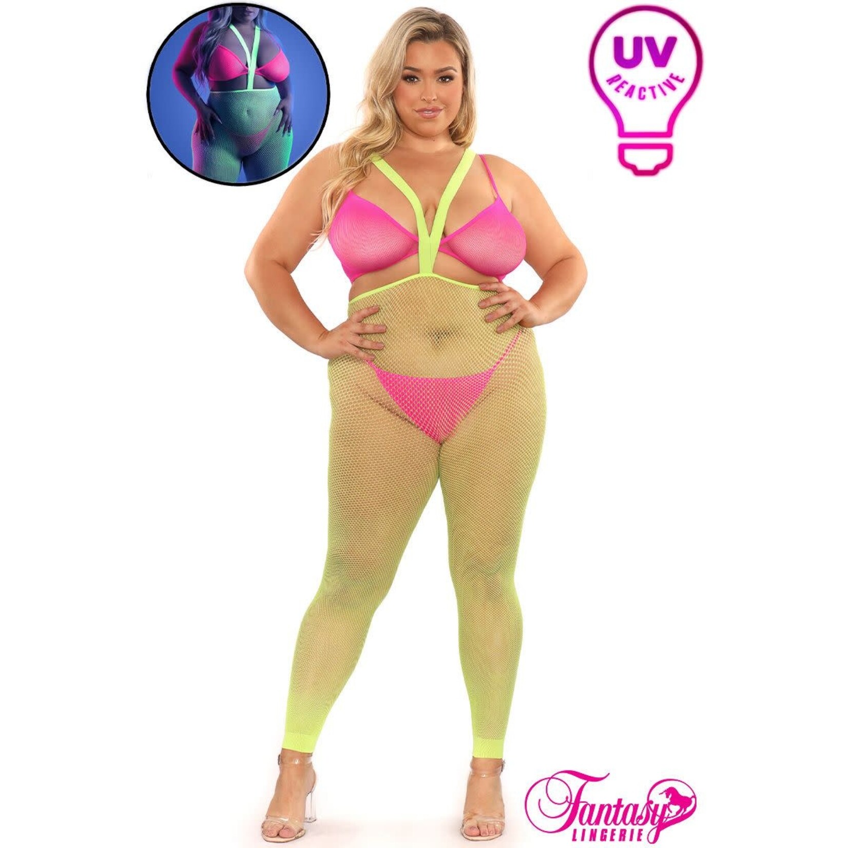 FANTASY LINGERIE FANTASY LINGERIE 3PC FOOTLESS BODYSTOCKING NEON GREEN-NEON PINK QUEEN
