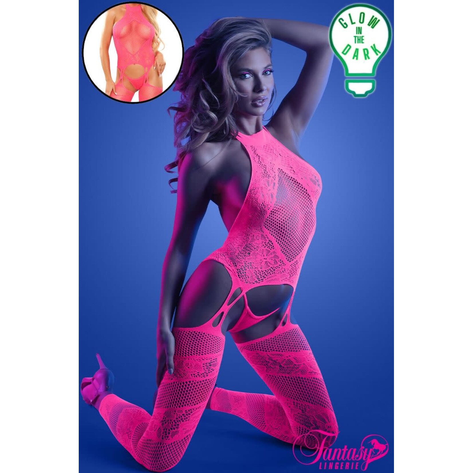 FANTASY LINGERIE FANTASY LINGERIE SUSPENDER BODYSTOCKING NEON PINK