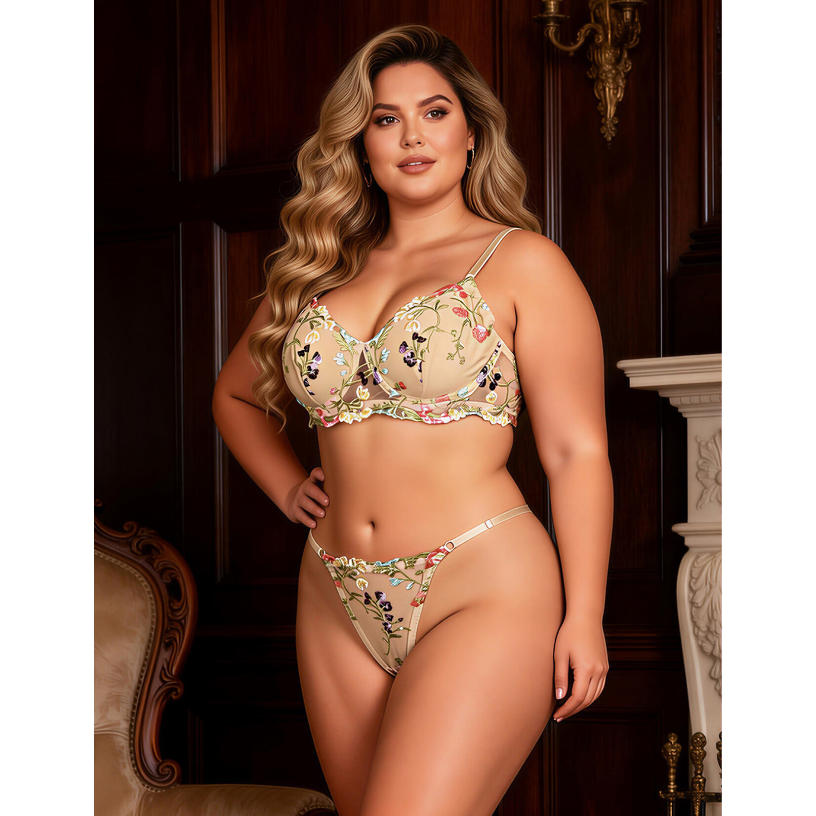 OH YEAH! OH YEAH! YELLOW SEXY MESH FLORAL EMBROIDERY BRA SET XL YELLOW