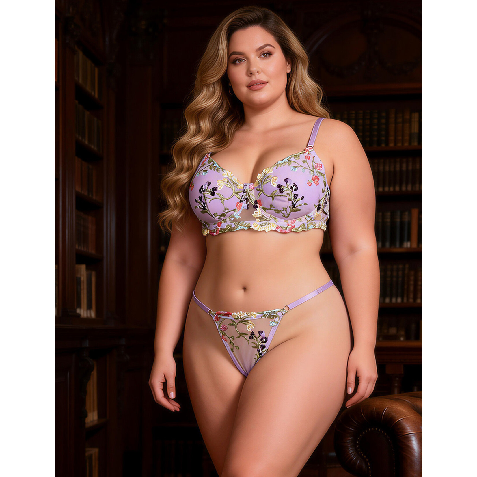 OH YEAH! OH YEAH! PURPLE SEXY MESH FLORAL EMBROIDERY BRA SET XL PURPLE